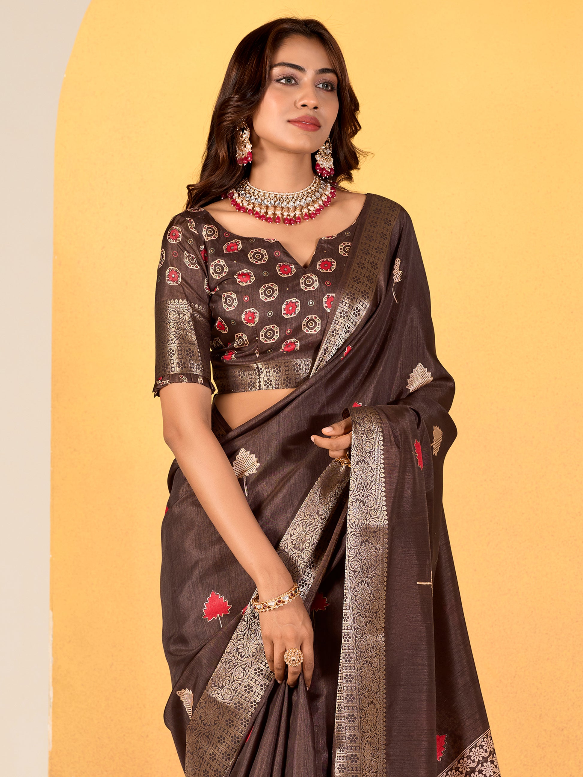 Gorgeous Brown Foil Printed Dola Silk Saree With Blouse