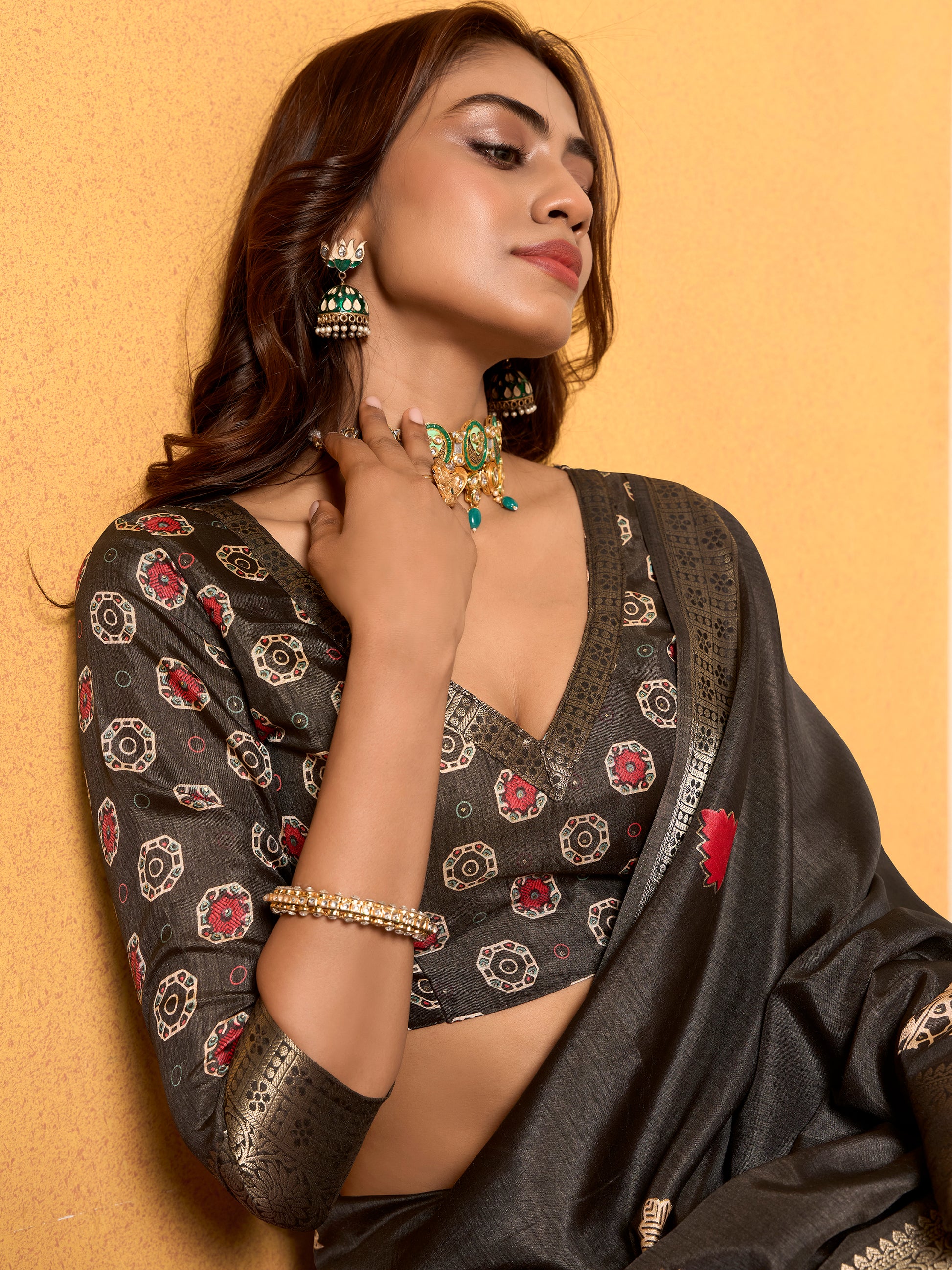 Captivating Black Foil Printed Silk Event Wear Saree With Blouse