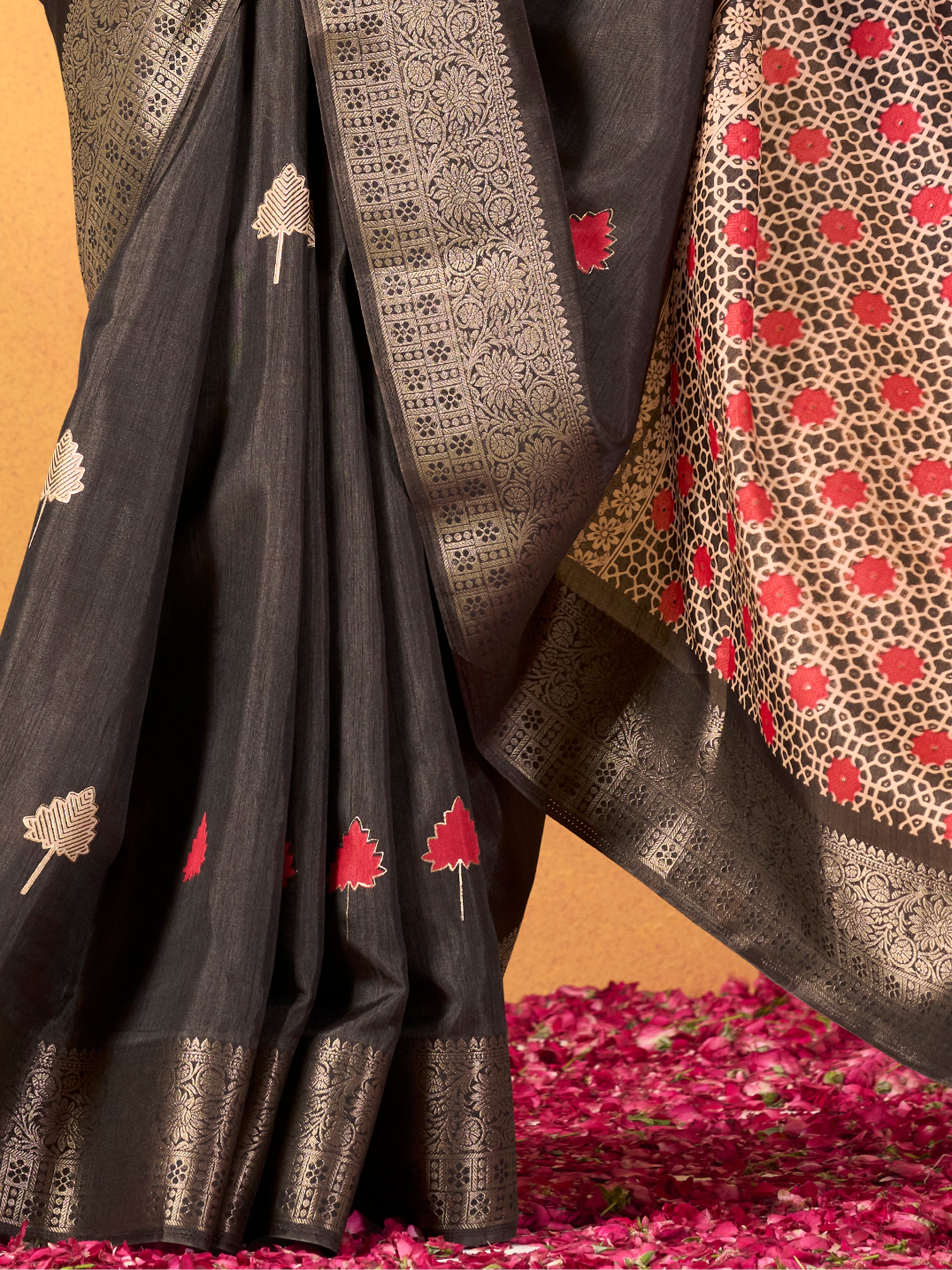 Captivating Black Foil Printed Silk Event Wear Saree With Blouse