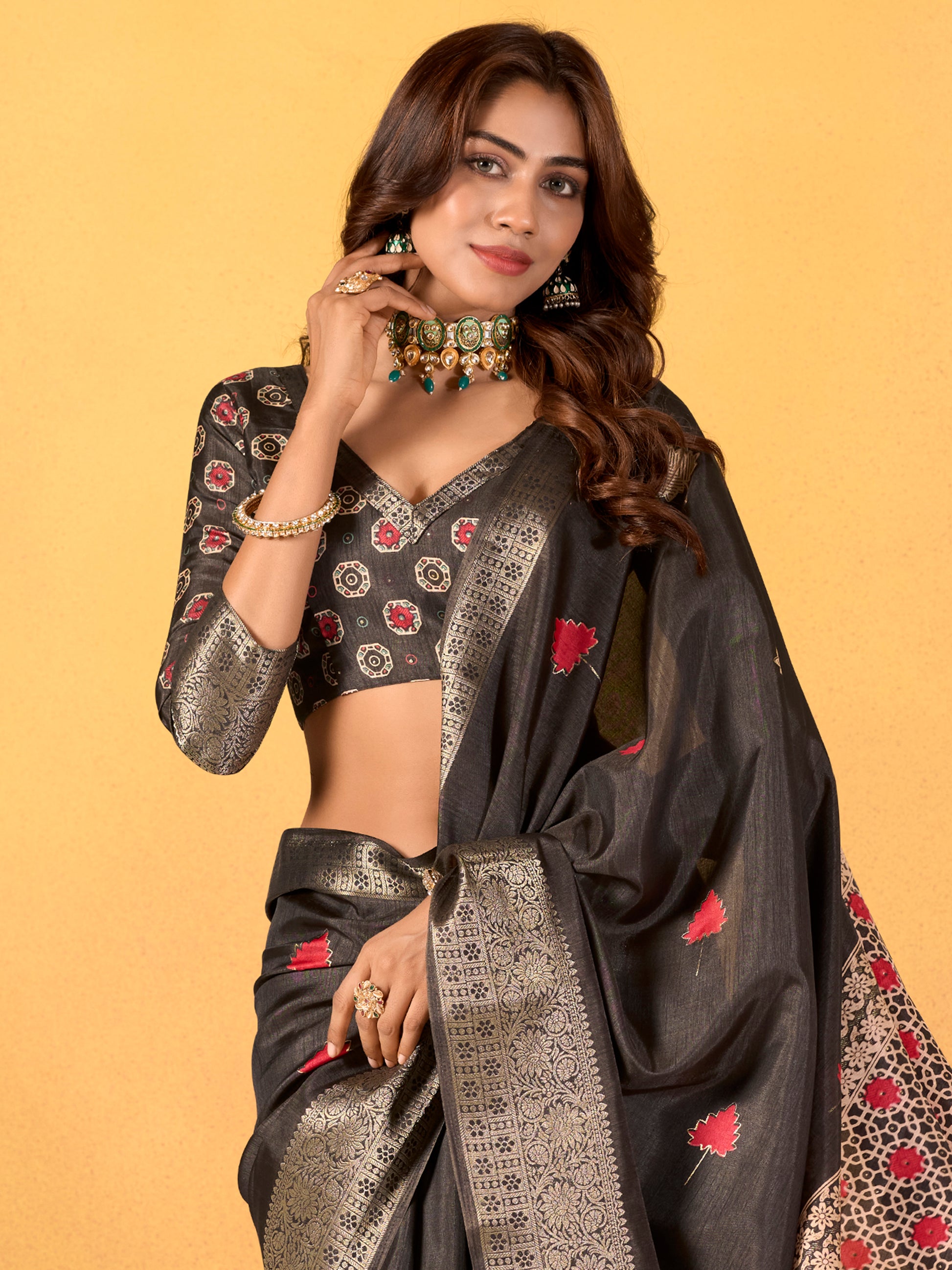Captivating Black Foil Printed Silk Event Wear Saree With Blouse