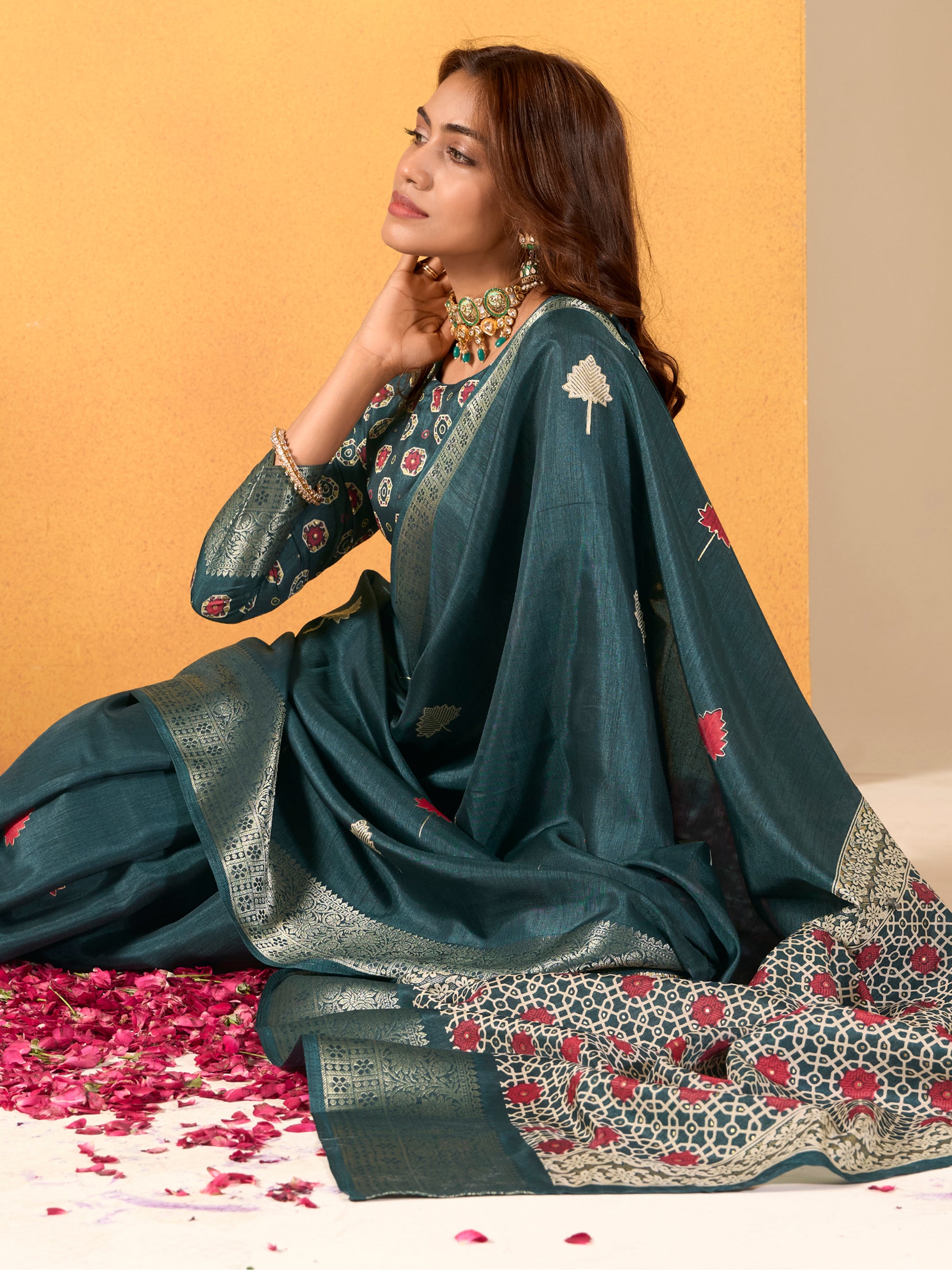 Adorable Teal Blue Foil Printed Dola Silk Saree With Blouse