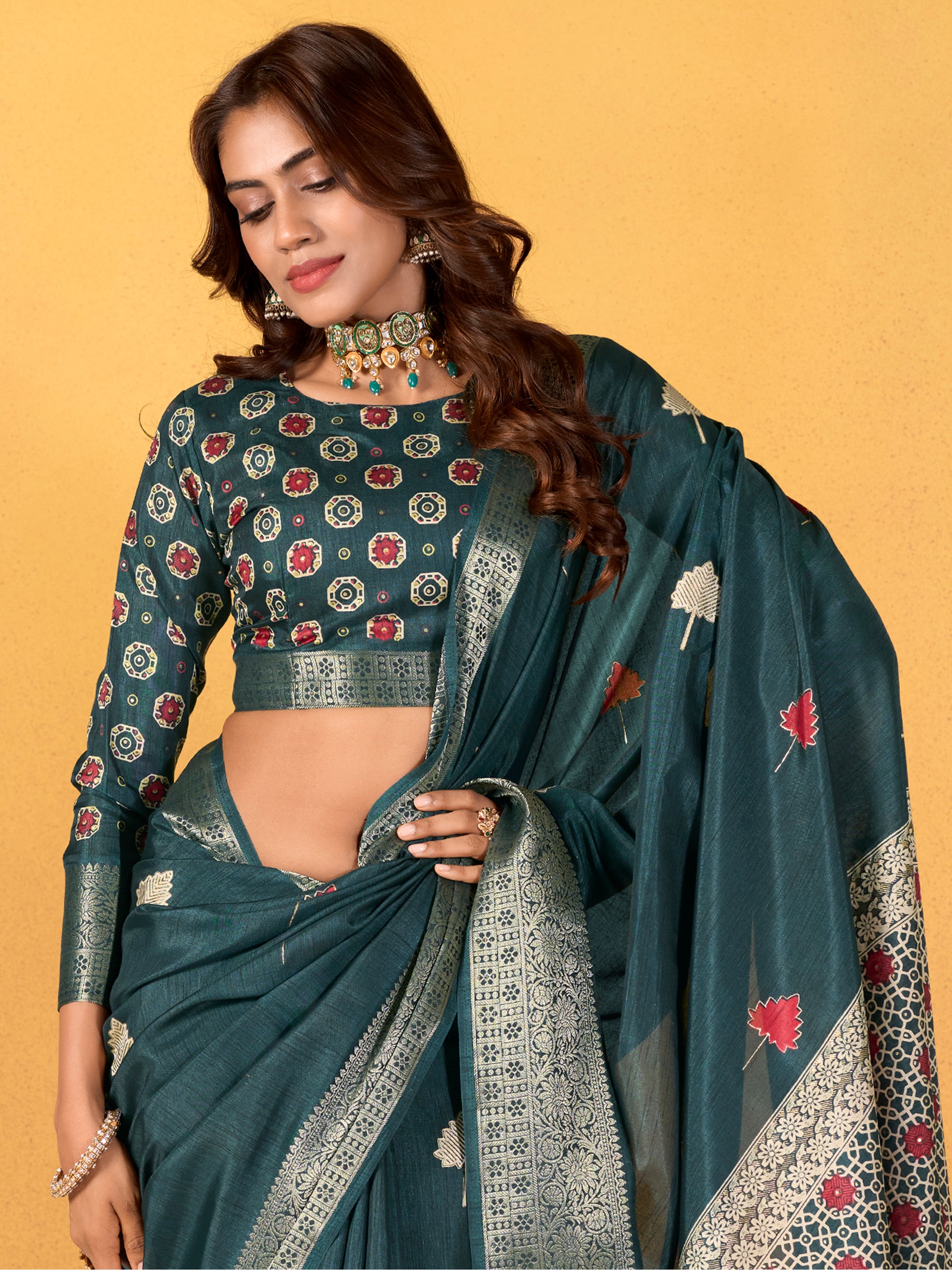Adorable Teal Blue Foil Printed Dola Silk Saree With Blouse