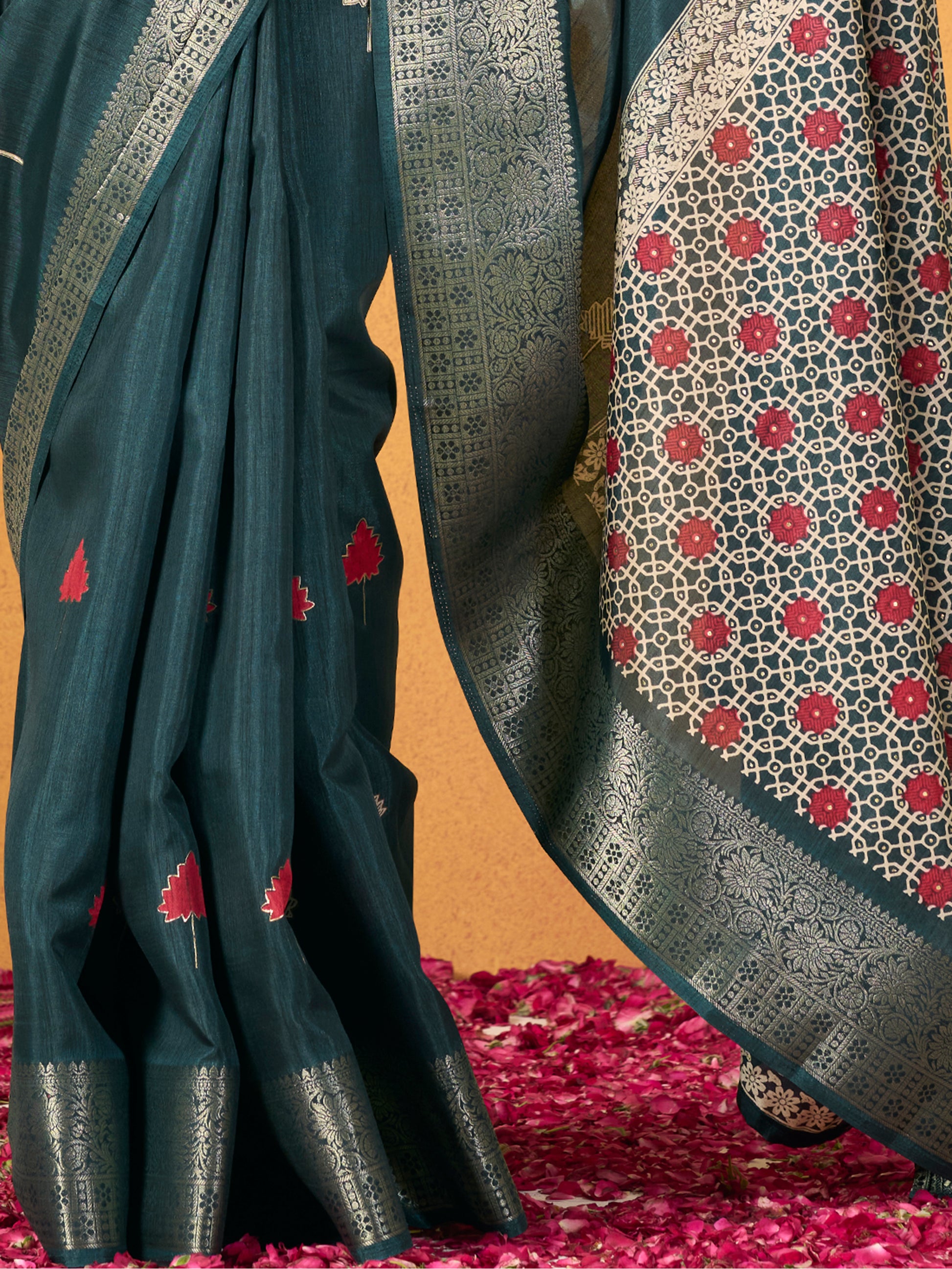 Adorable Teal Blue Foil Printed Dola Silk Saree With Blouse