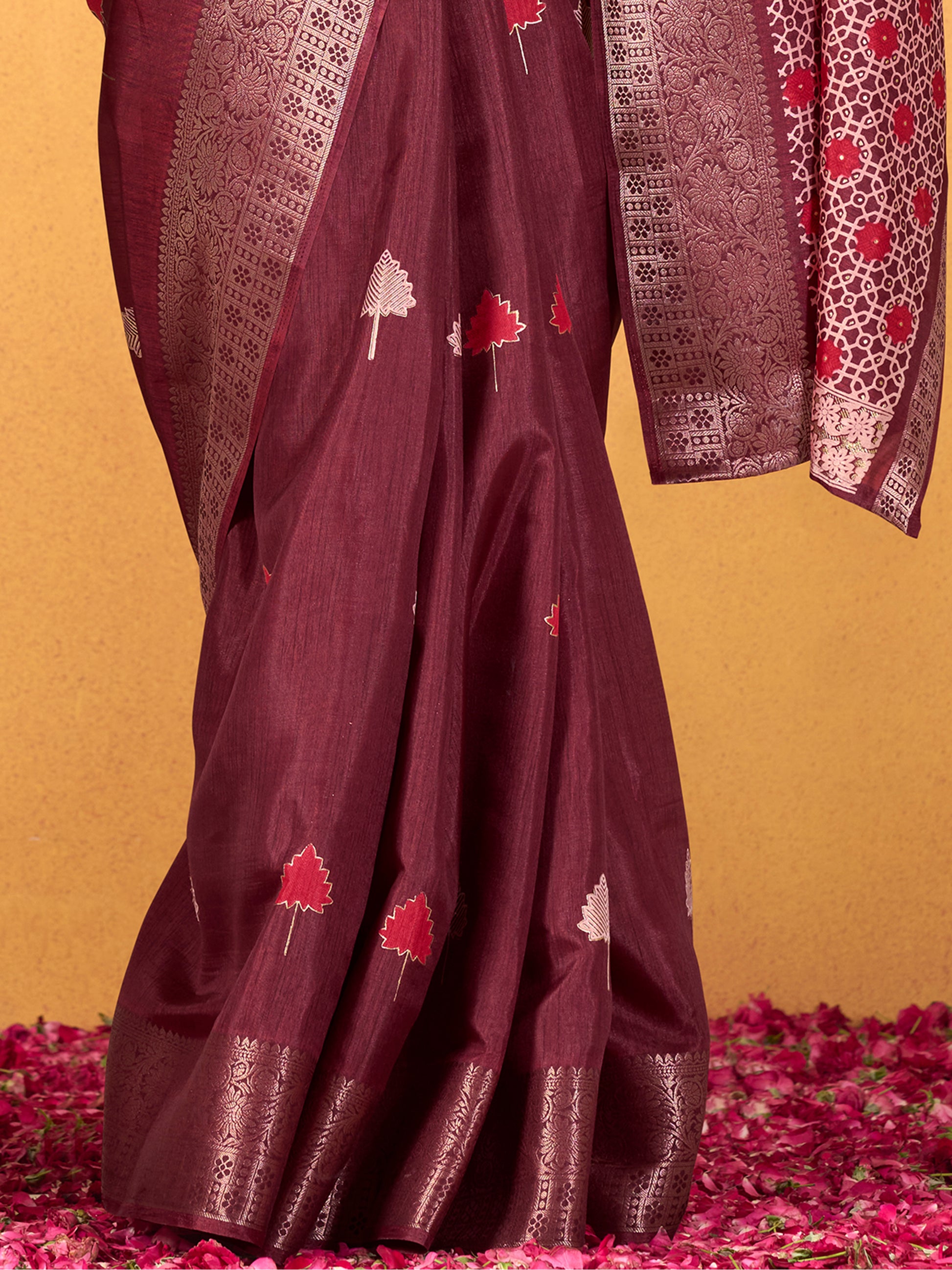 Lovely Maroon Printed Dola Silk Traditional Saree With Blouse