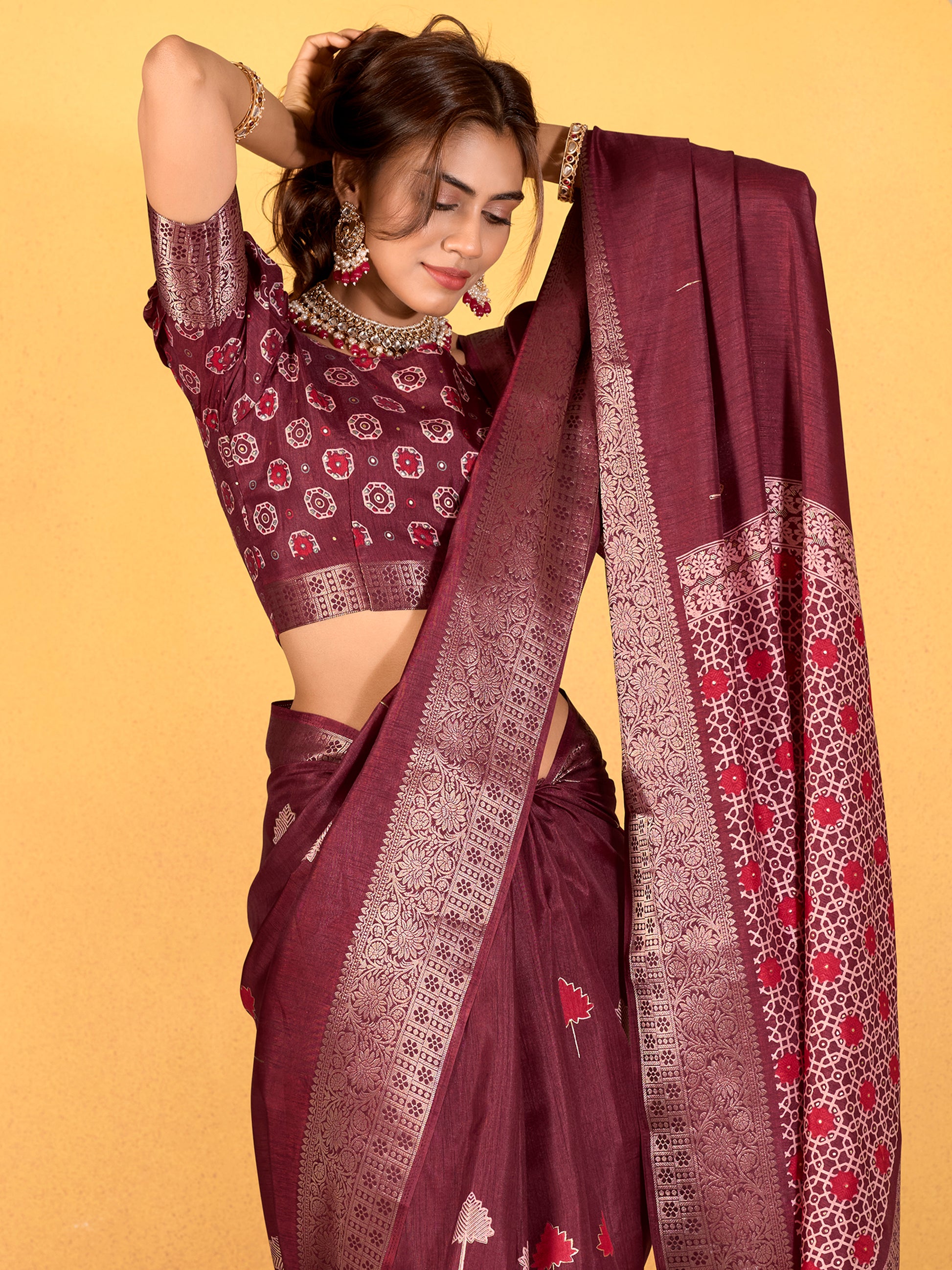 Lovely Maroon Printed Dola Silk Traditional Saree With Blouse