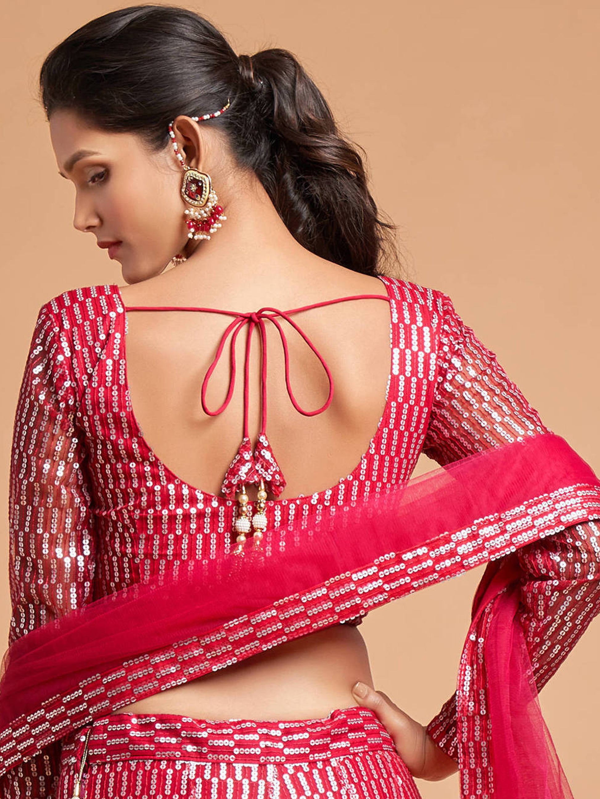 Superb Hot Pink Thread Embroidered Net Party Wear Lehenga Choli