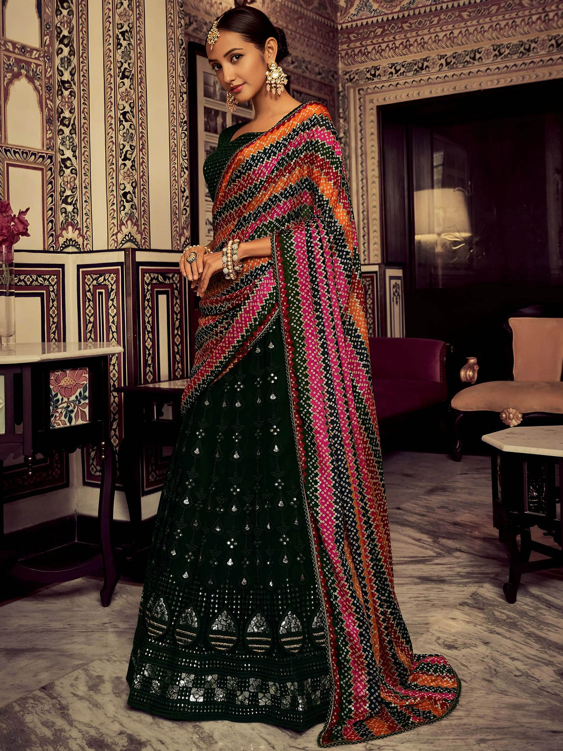 Amazing Bottle Green Thread Work Georgette Mehendi Wear Lehenga Choli