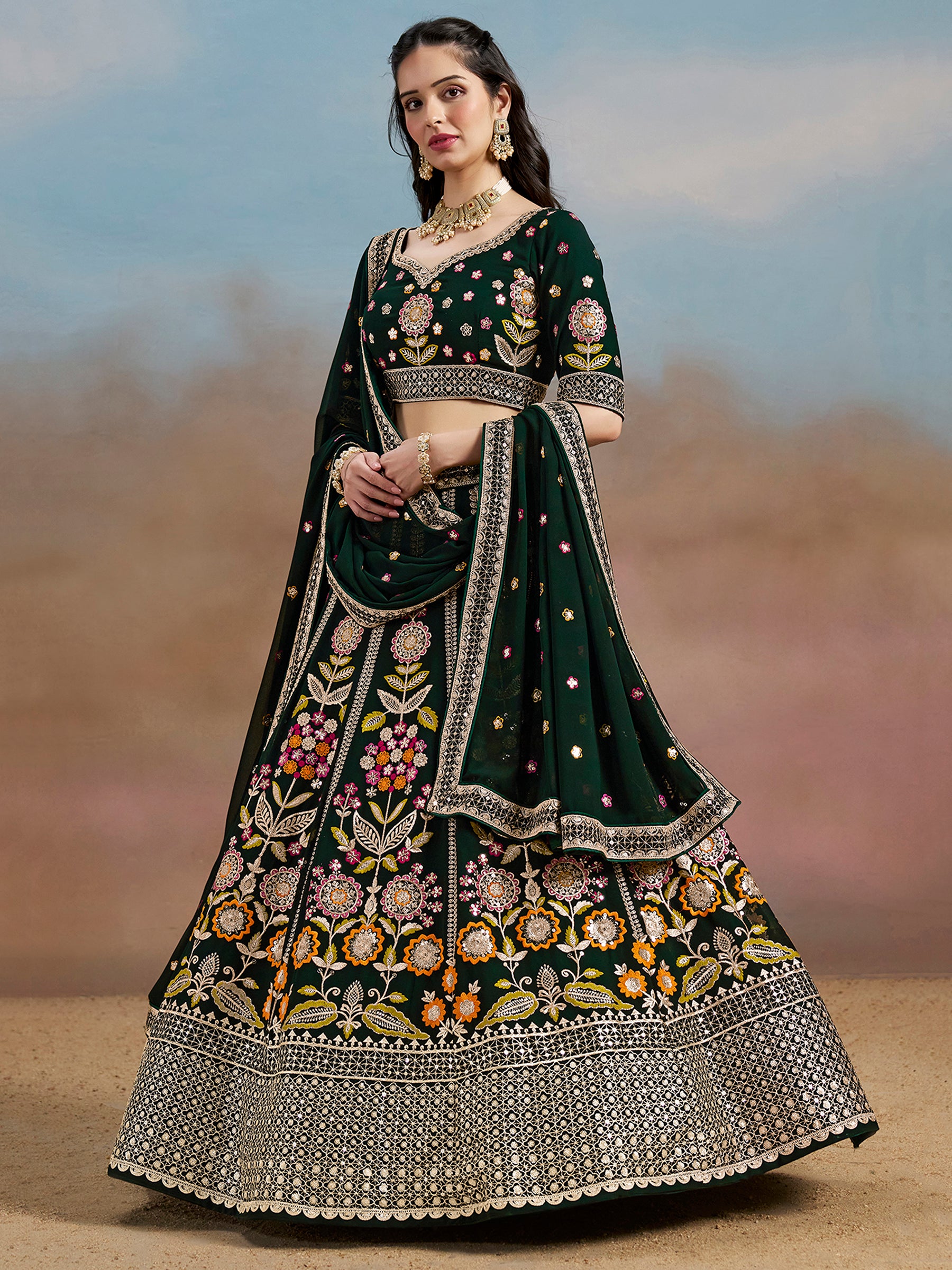 Fascinating Green Sequins Georgette Mehendi Wear Lehenga Choli