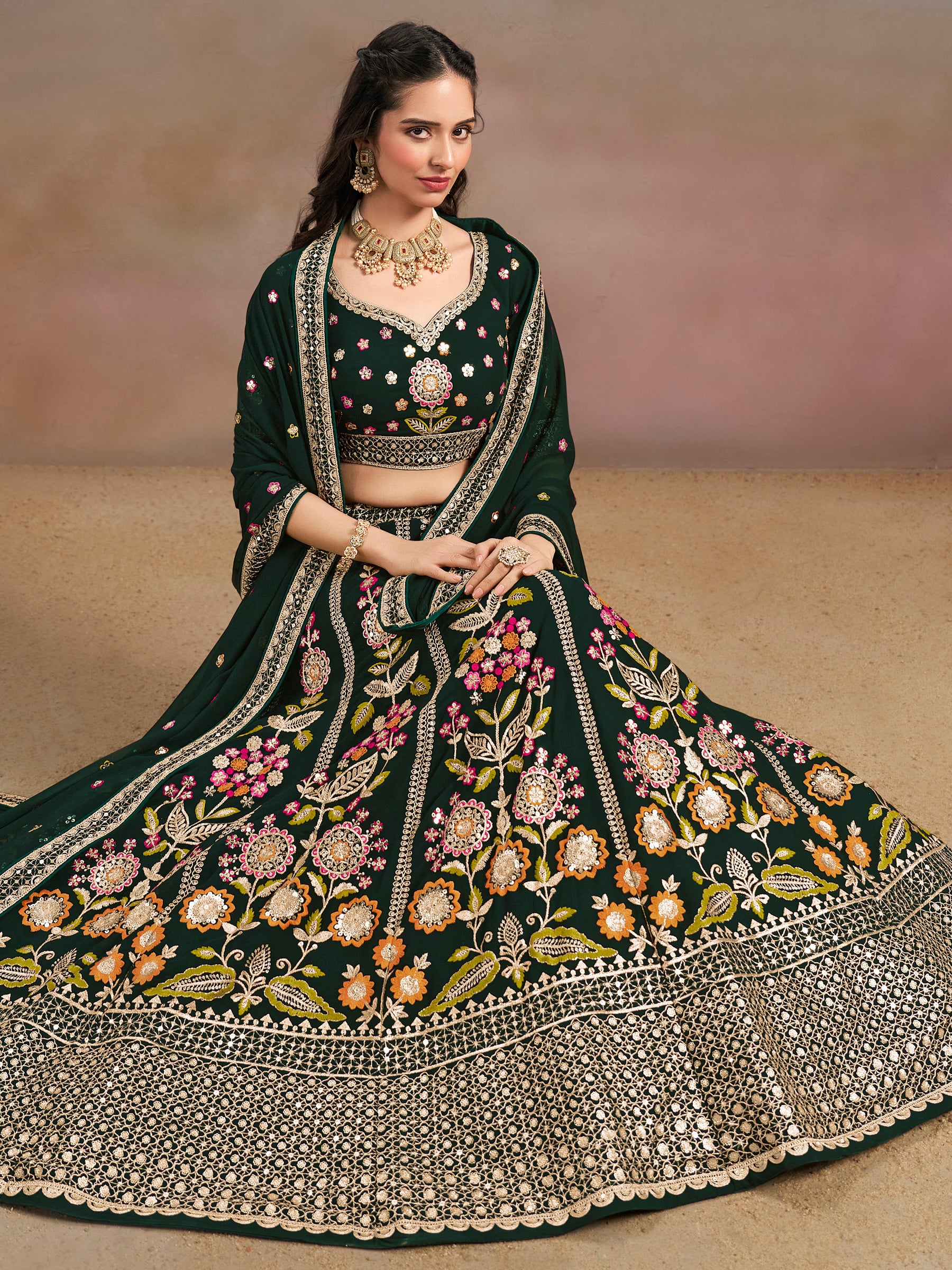 Fascinating Green Sequins Georgette Mehendi Wear Lehenga Choli
