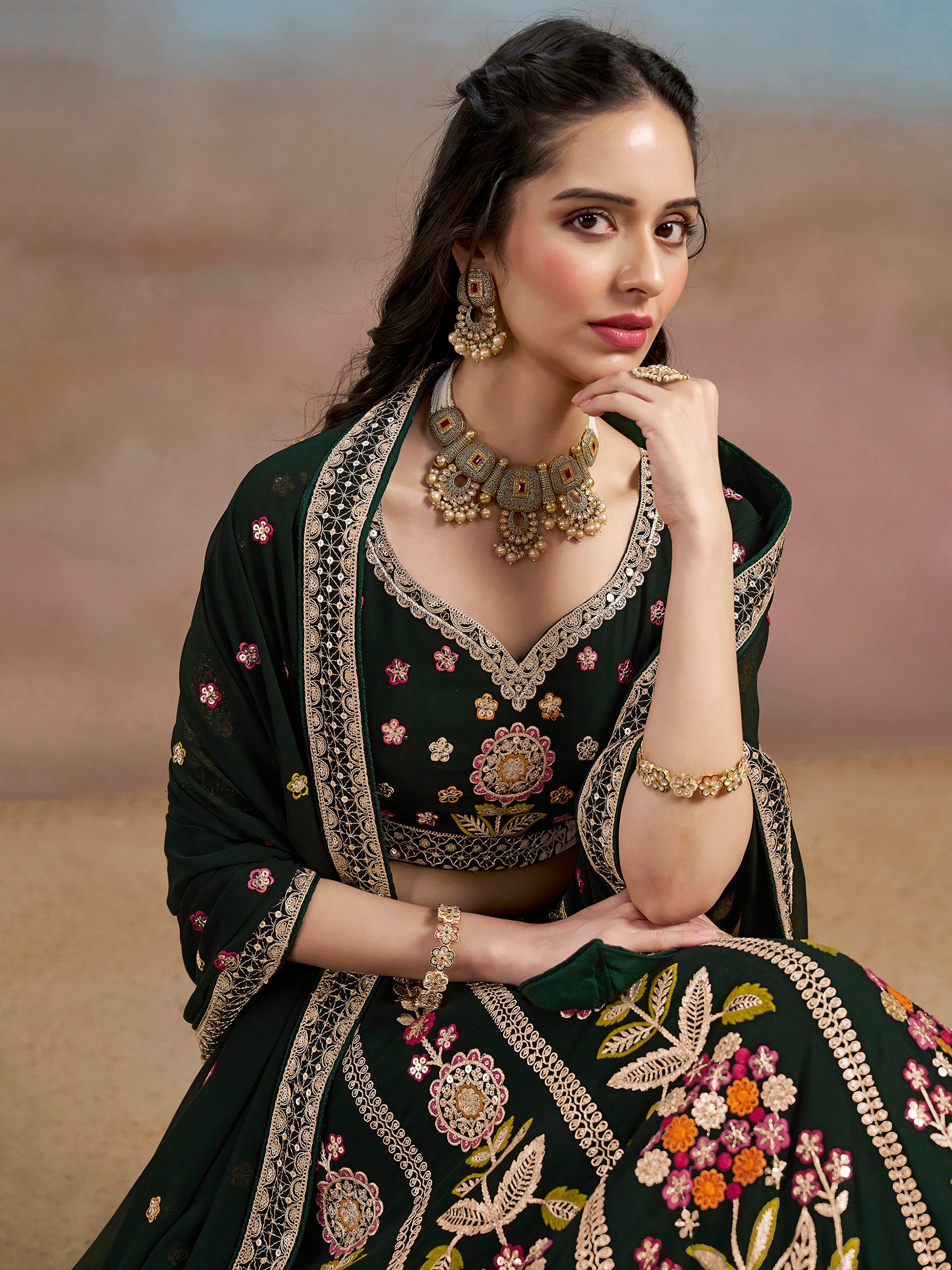 Fascinating Green Sequins Georgette Mehendi Wear Lehenga Choli