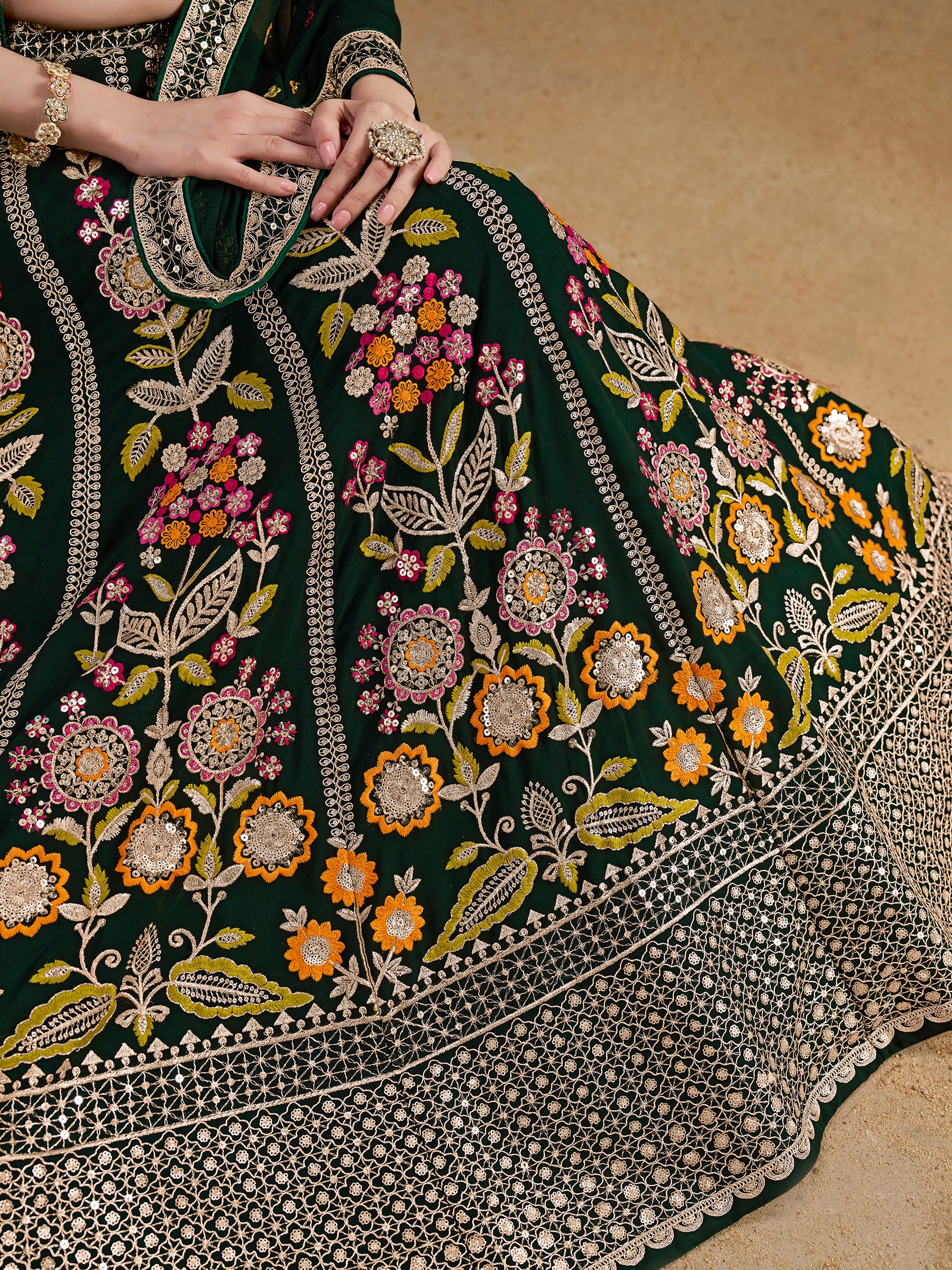Fascinating Green Sequins Georgette Mehendi Wear Lehenga Choli