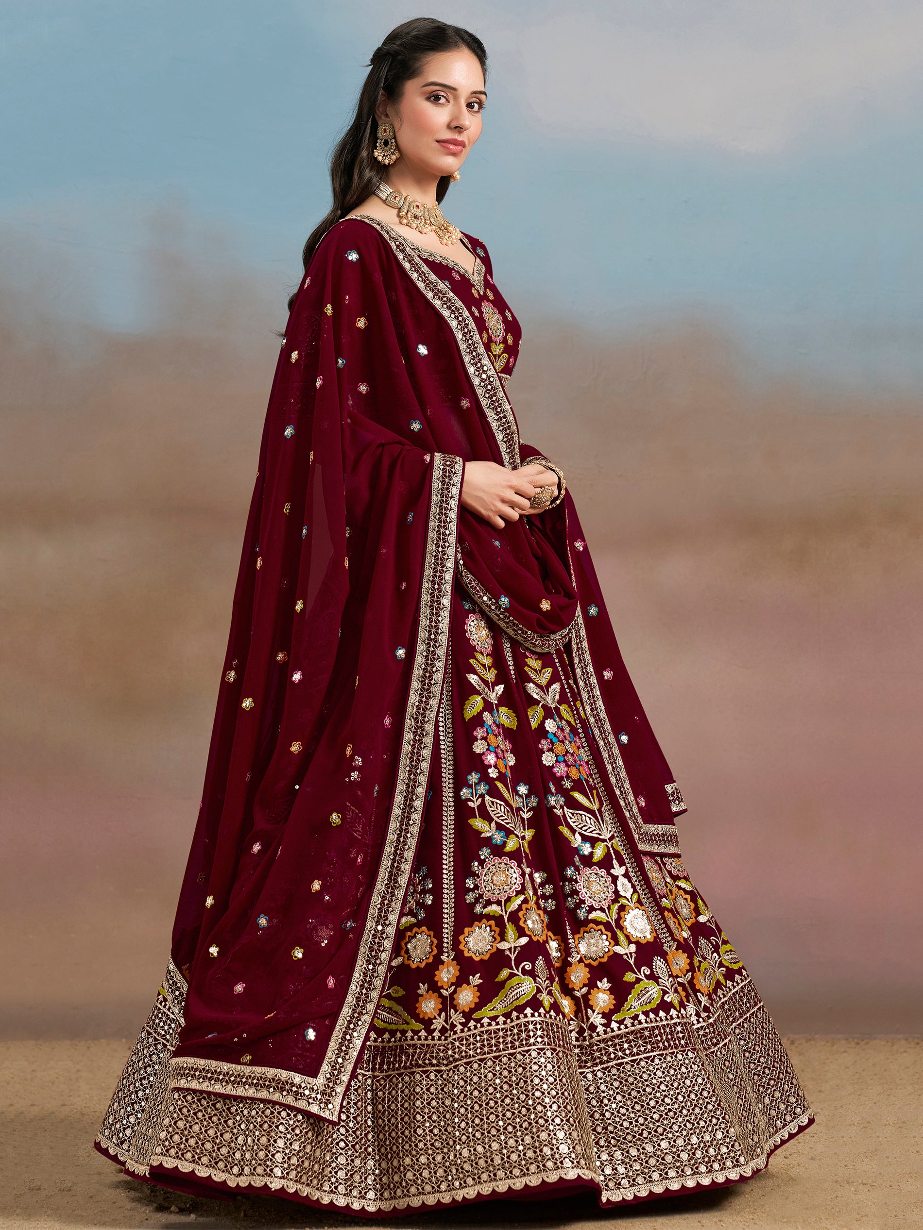 Mesmerizing Maroon Thread Work Georgette Wedding Lehenga Choli