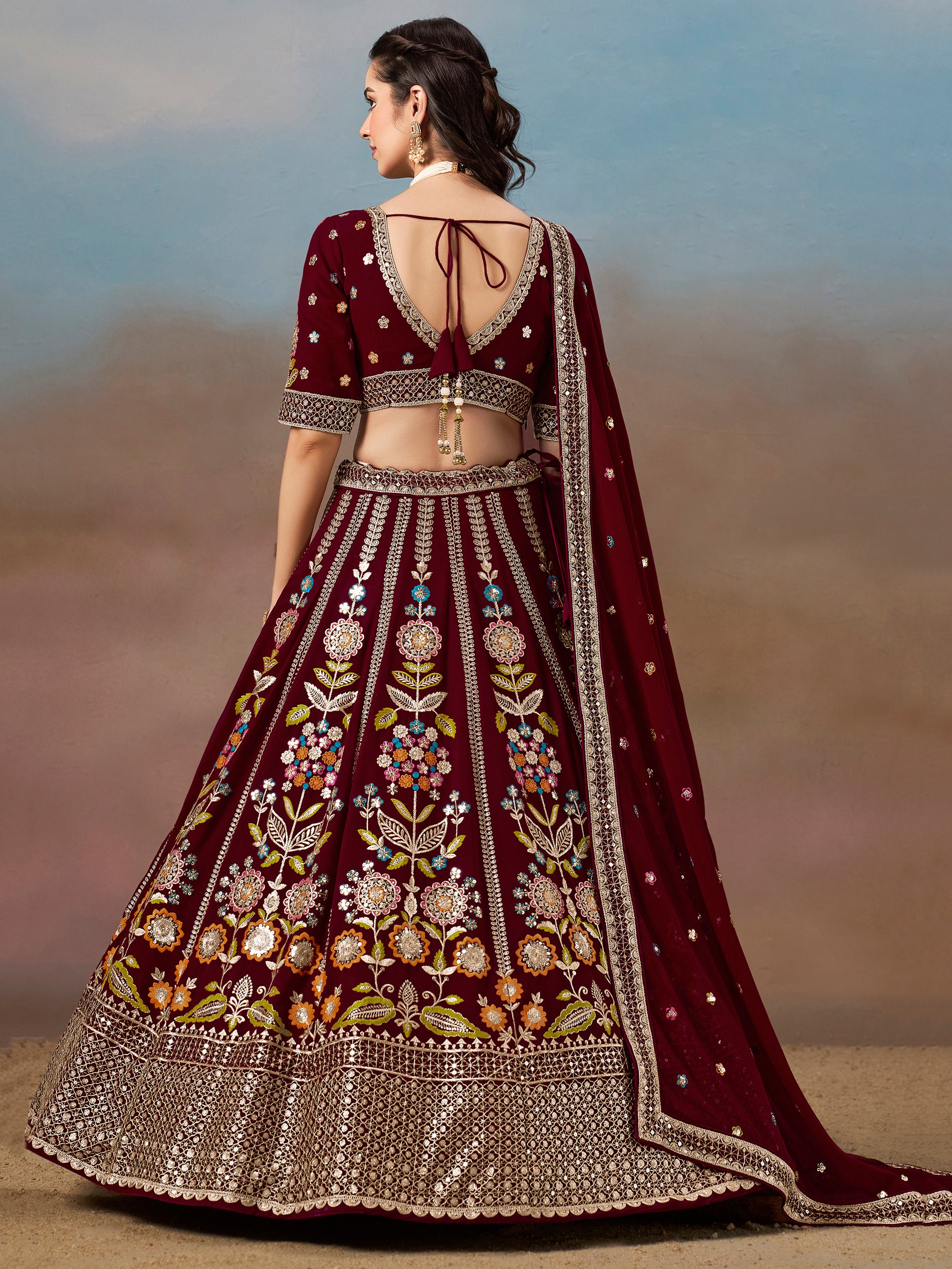 Mesmerizing Maroon Thread Work Georgette Wedding Lehenga Choli