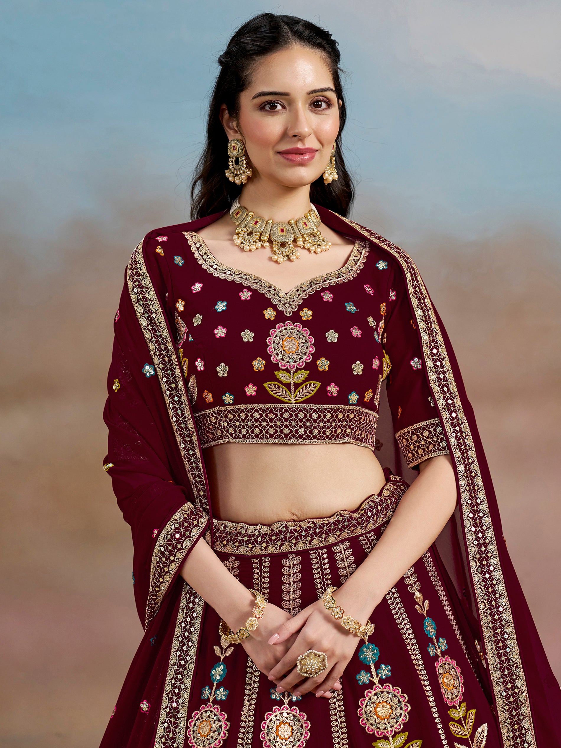 Mesmerizing Maroon Thread Work Georgette Wedding Lehenga Choli