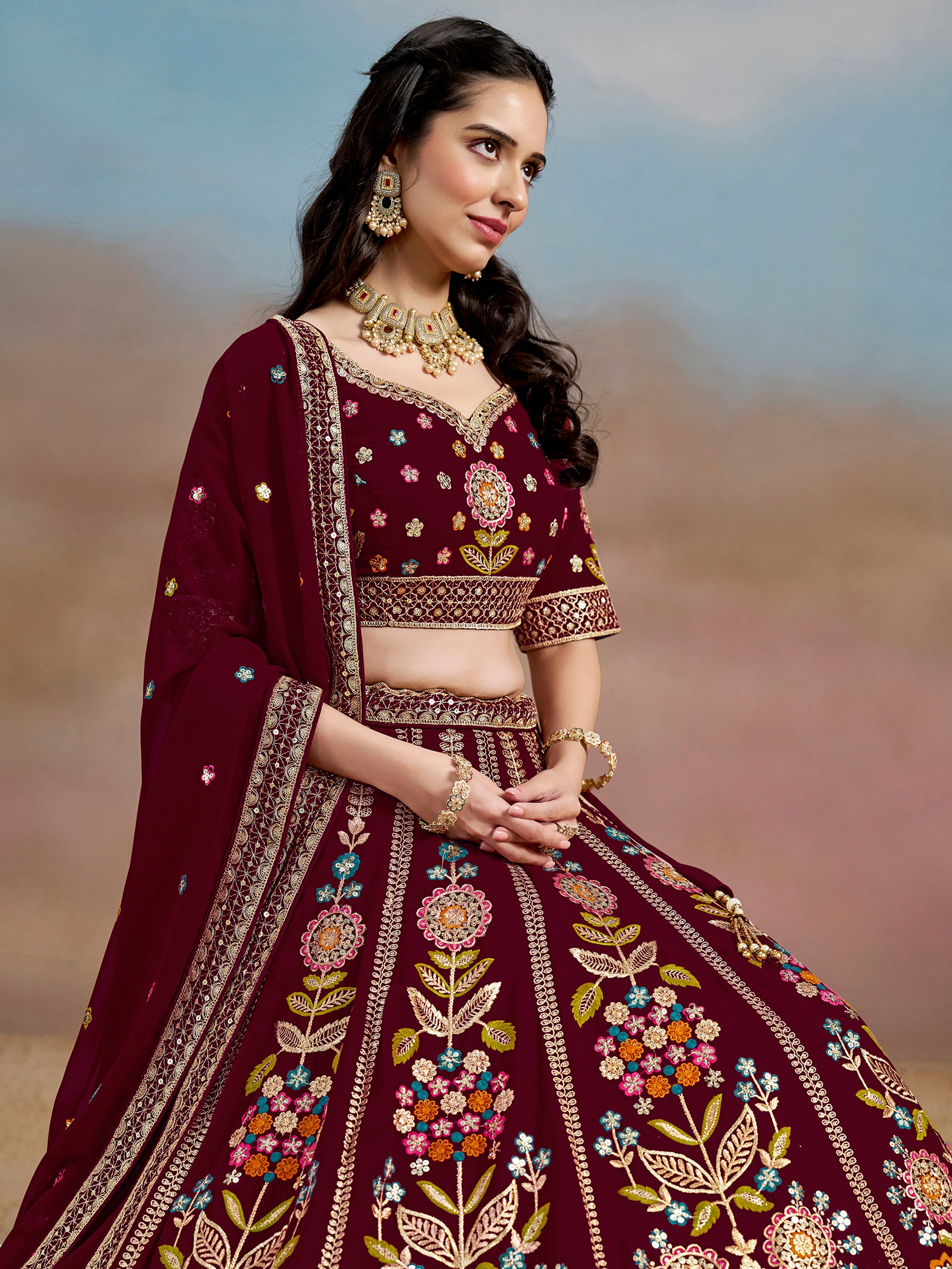 Mesmerizing Maroon Thread Work Georgette Wedding Lehenga Choli