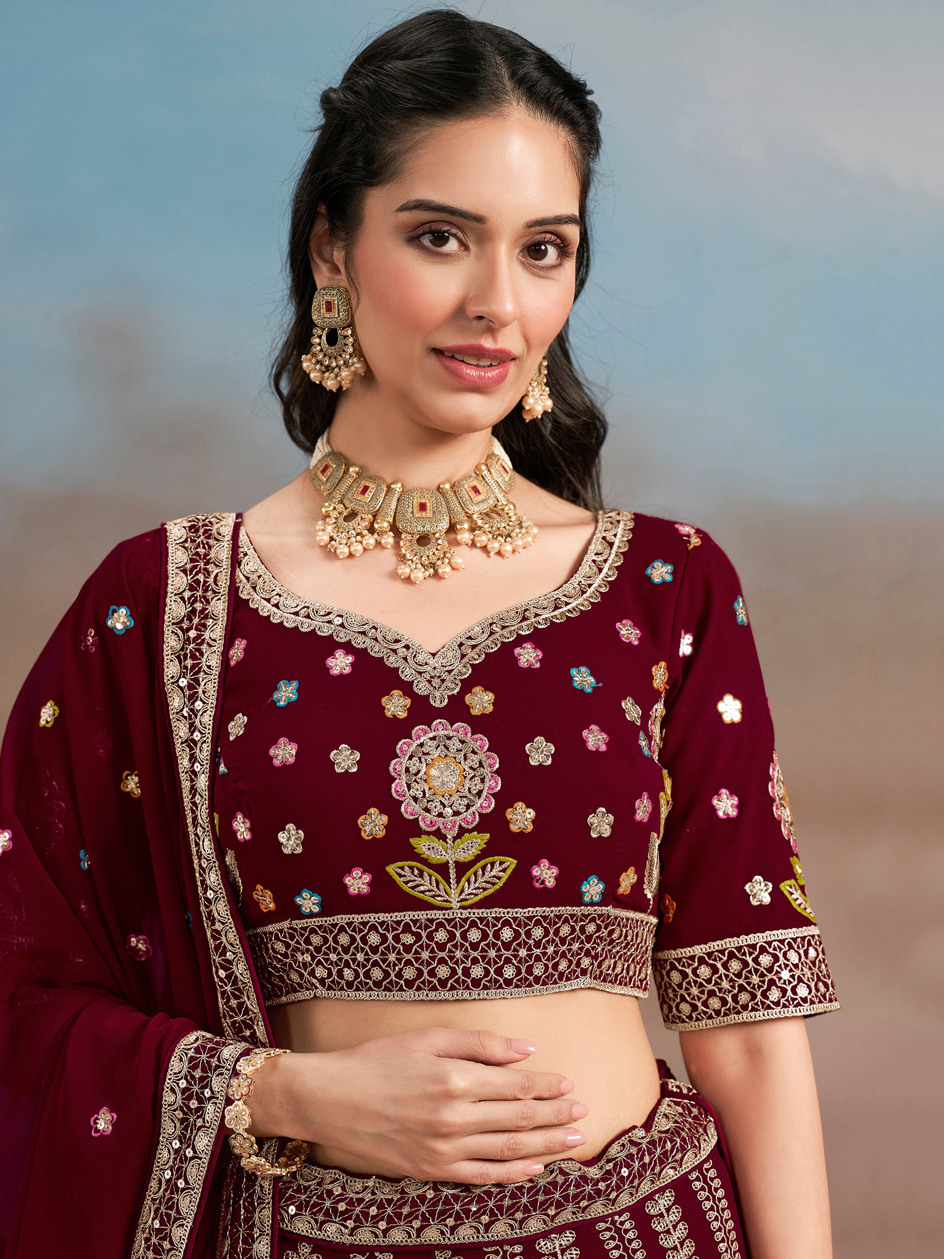 Mesmerizing Maroon Thread Work Georgette Wedding Lehenga Choli