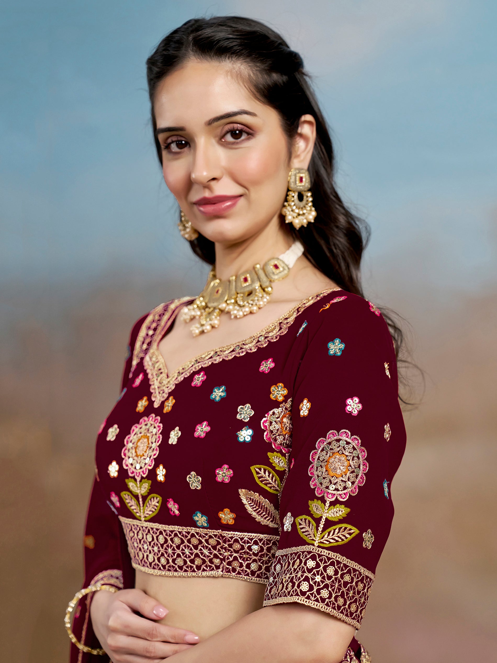 Mesmerizing Maroon Thread Work Georgette Wedding Lehenga Choli
