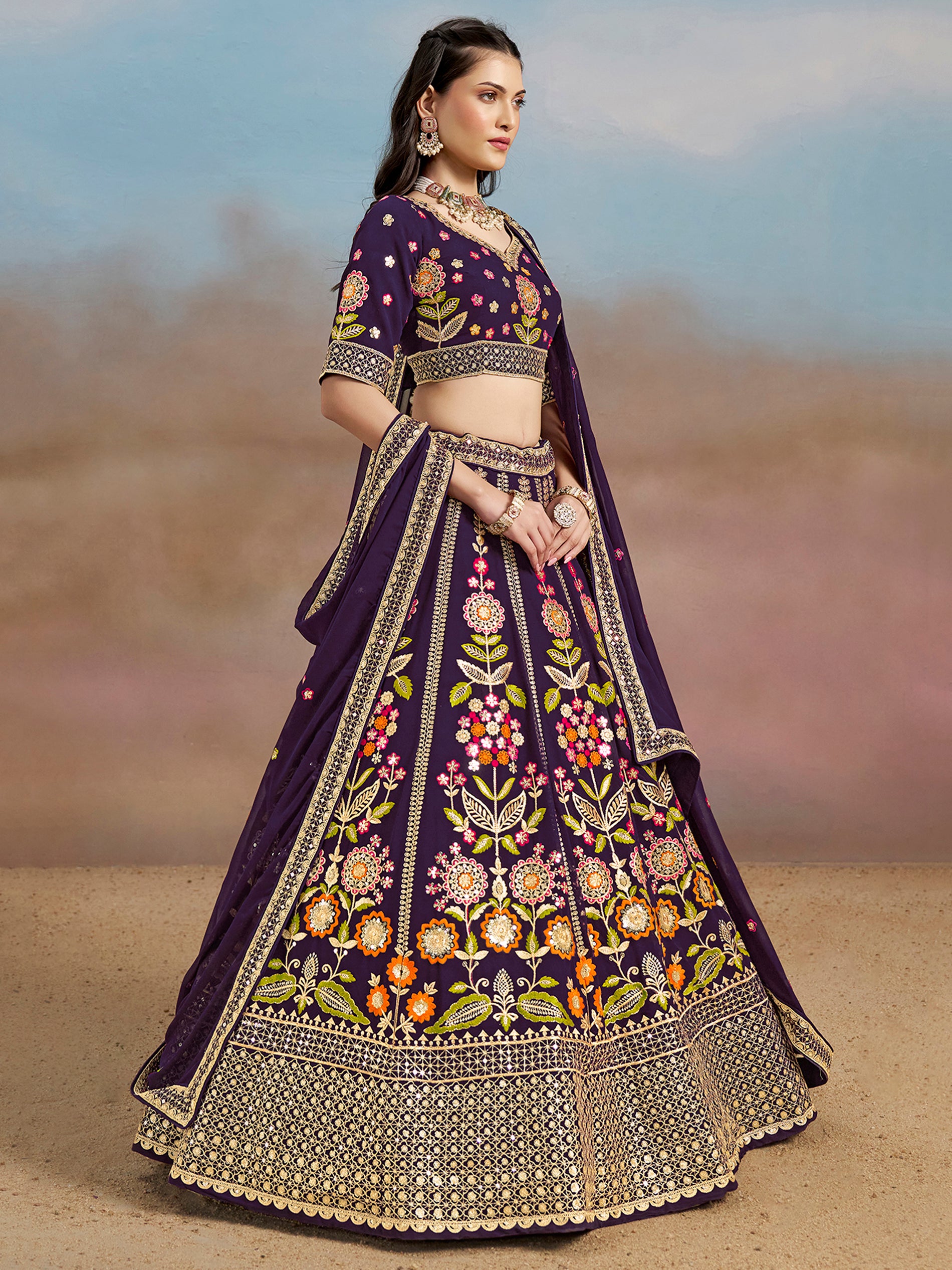 Precious Purple Thread Embroidered Georgette Bridesmaid Lehenga Choli
