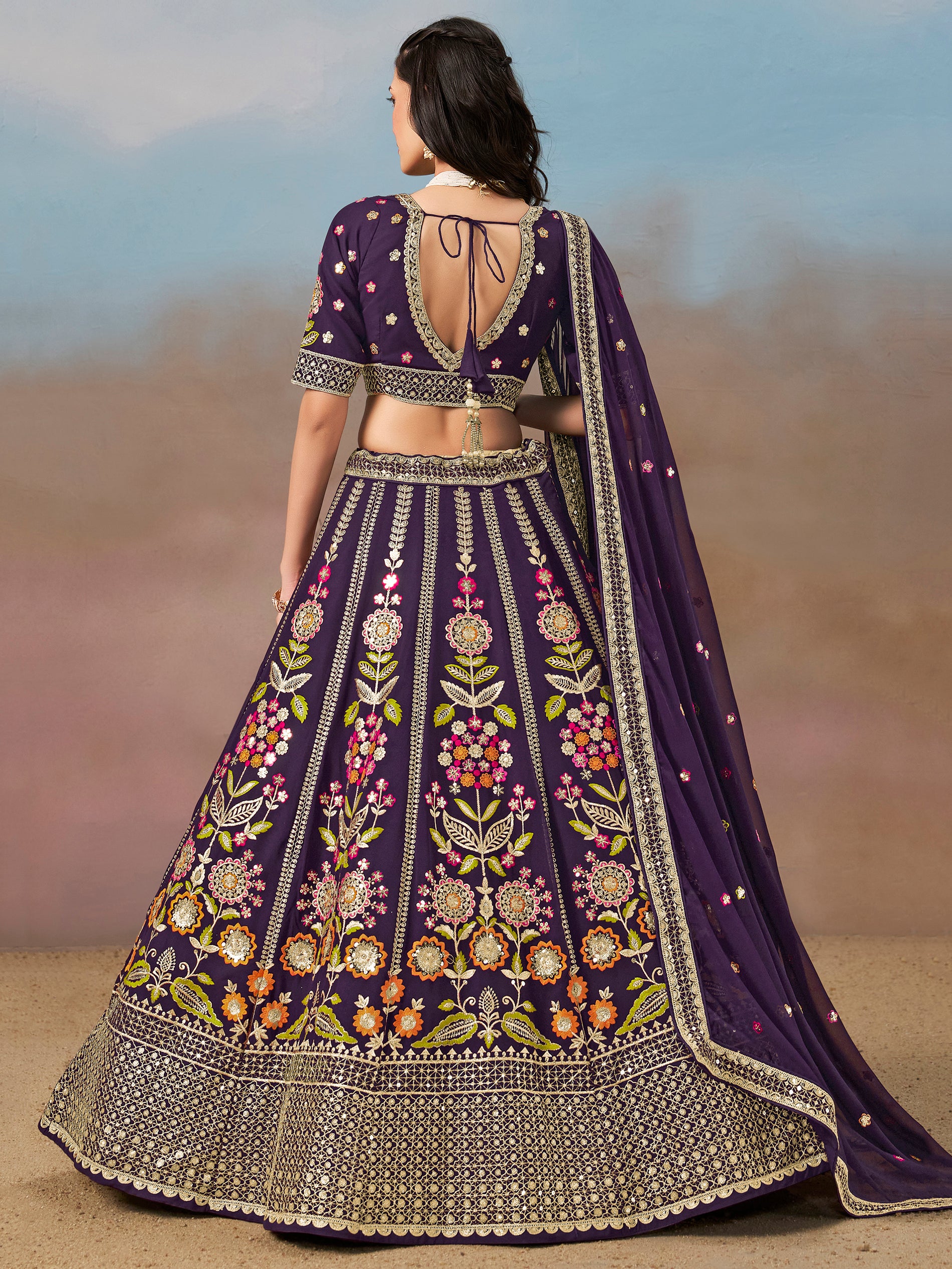 Precious Purple Thread Embroidered Georgette Bridesmaid Lehenga Choli