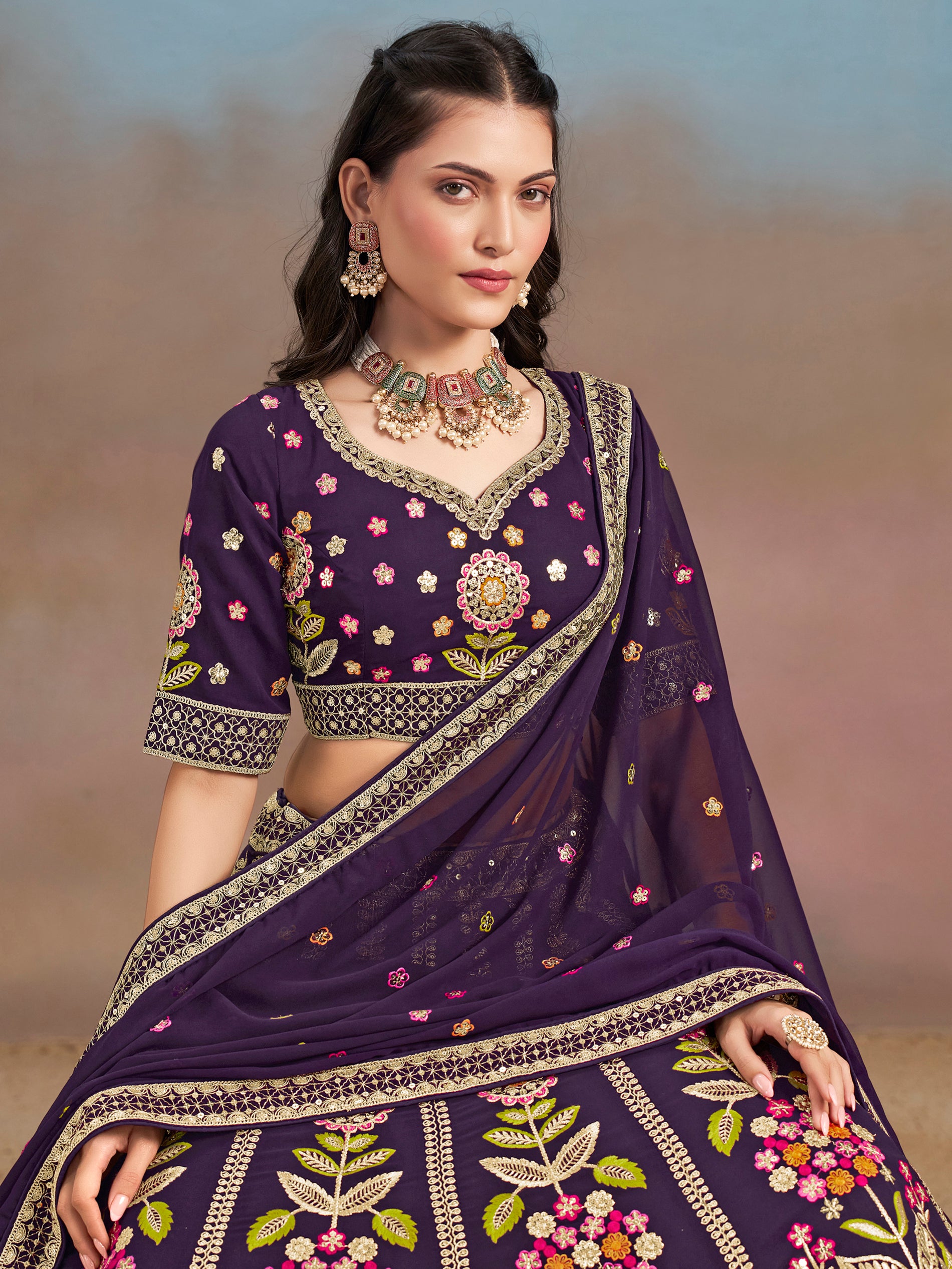 Precious Purple Thread Embroidered Georgette Bridesmaid Lehenga Choli