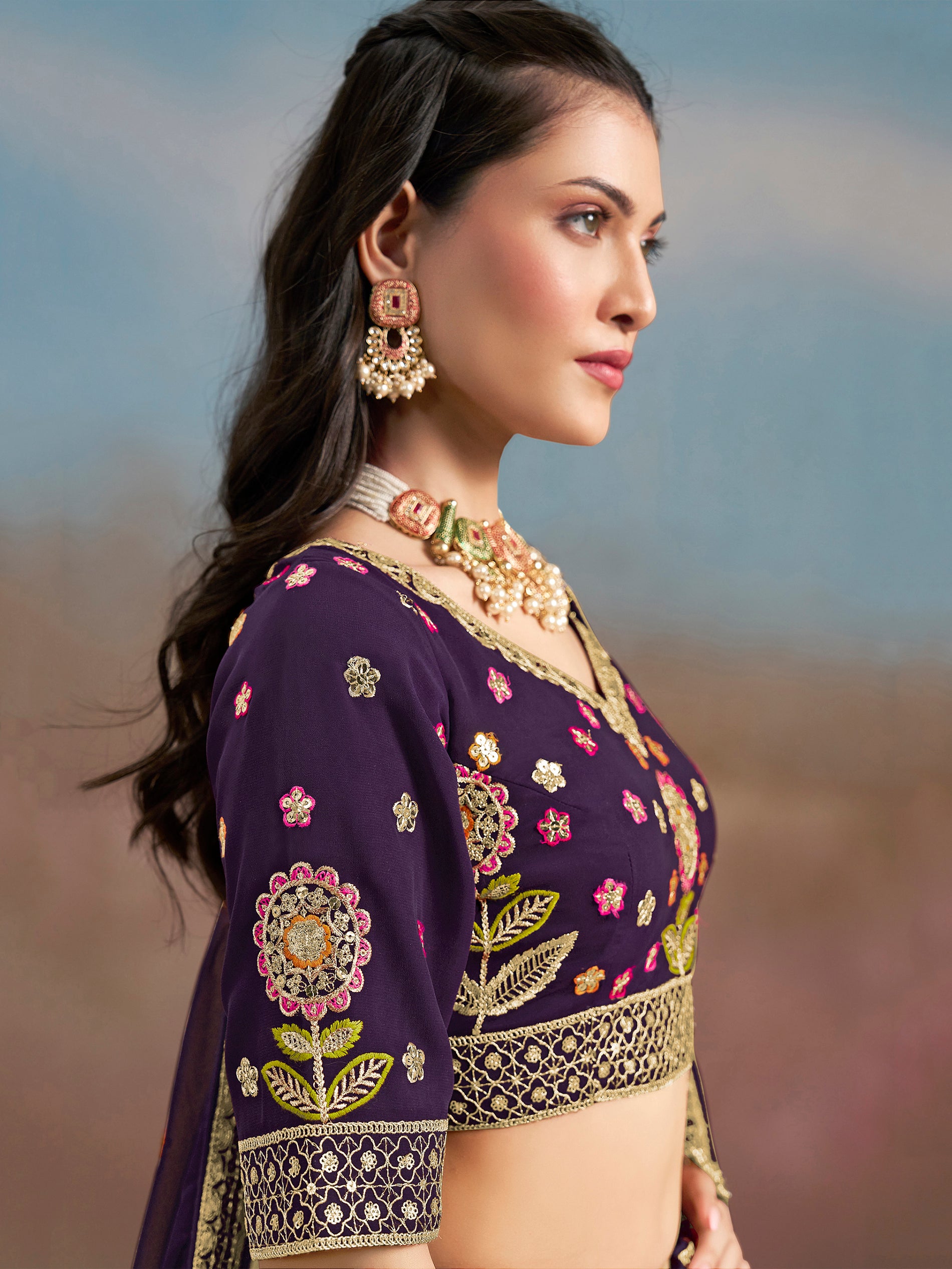 Precious Purple Thread Embroidered Georgette Bridesmaid Lehenga Choli