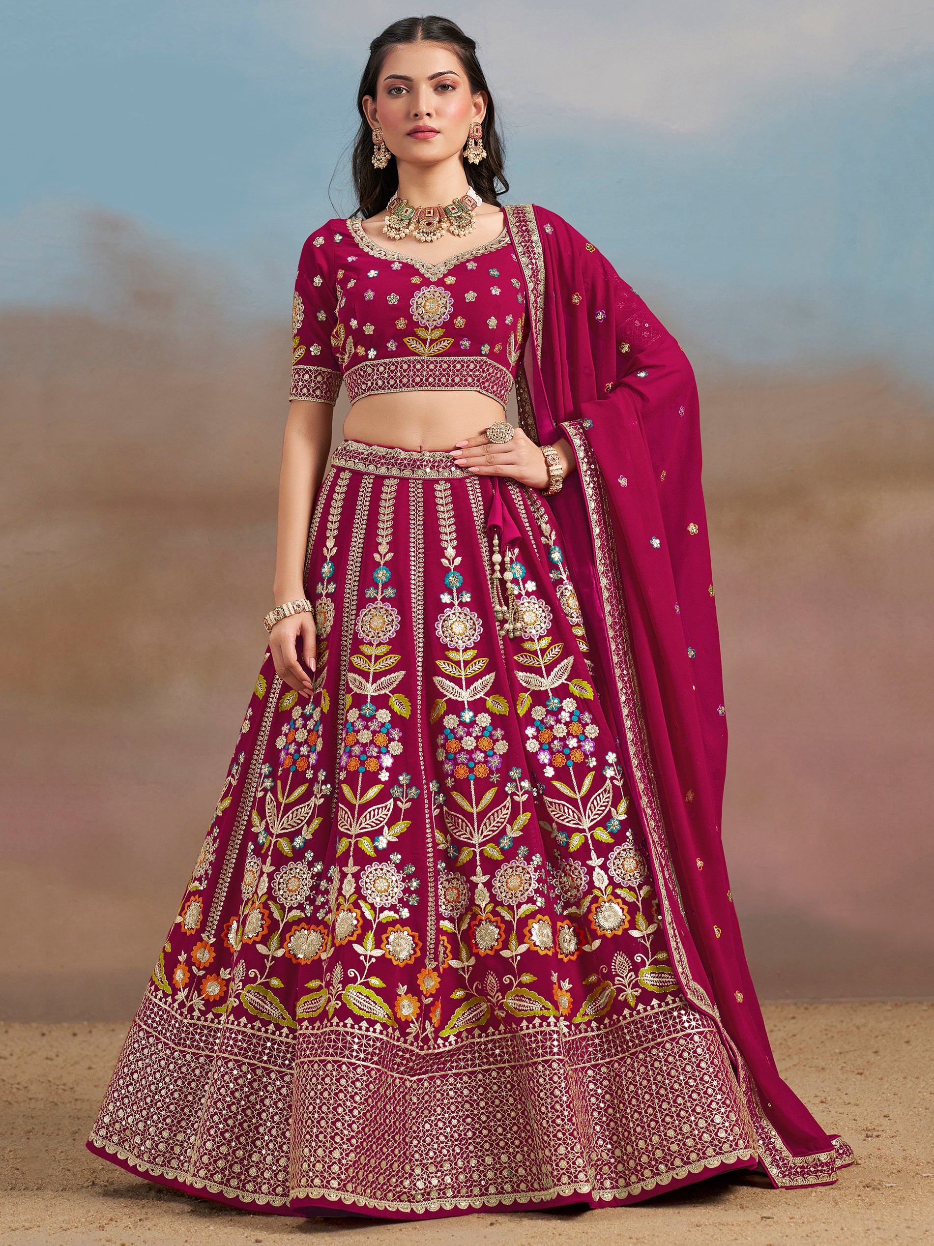 Adorable Pink Dori Work Georgette Lehenga Choli With Dupatta