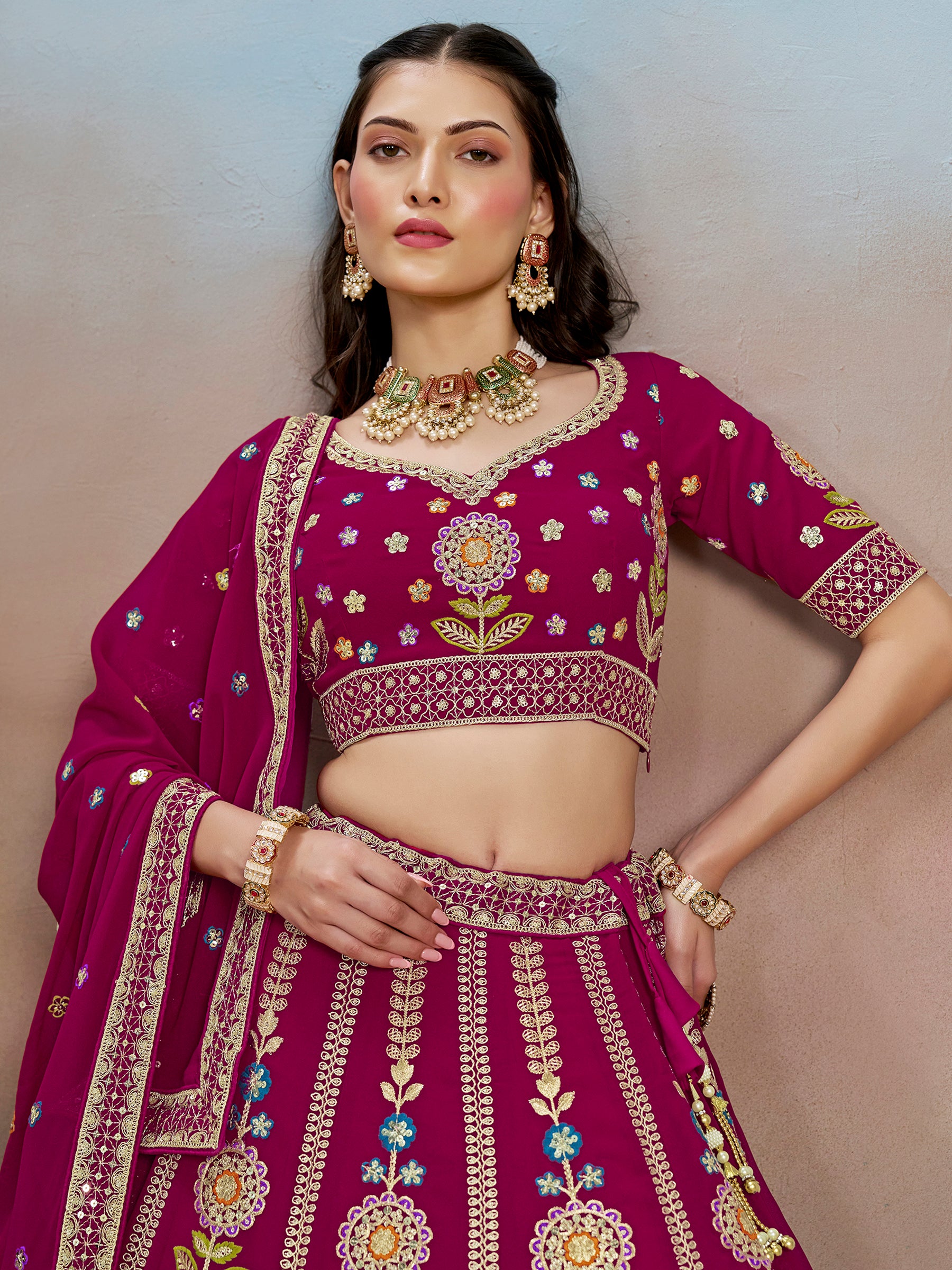 Adorable Pink Dori Work Georgette Lehenga Choli With Dupatta