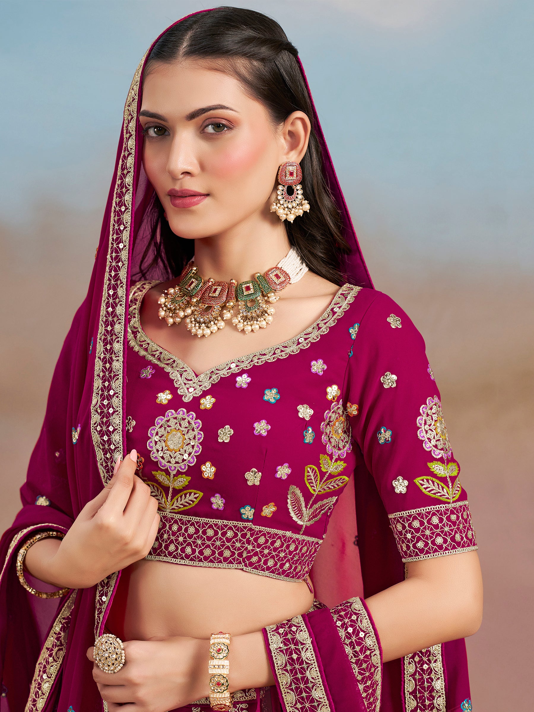 Adorable Pink Dori Work Georgette Lehenga Choli With Dupatta