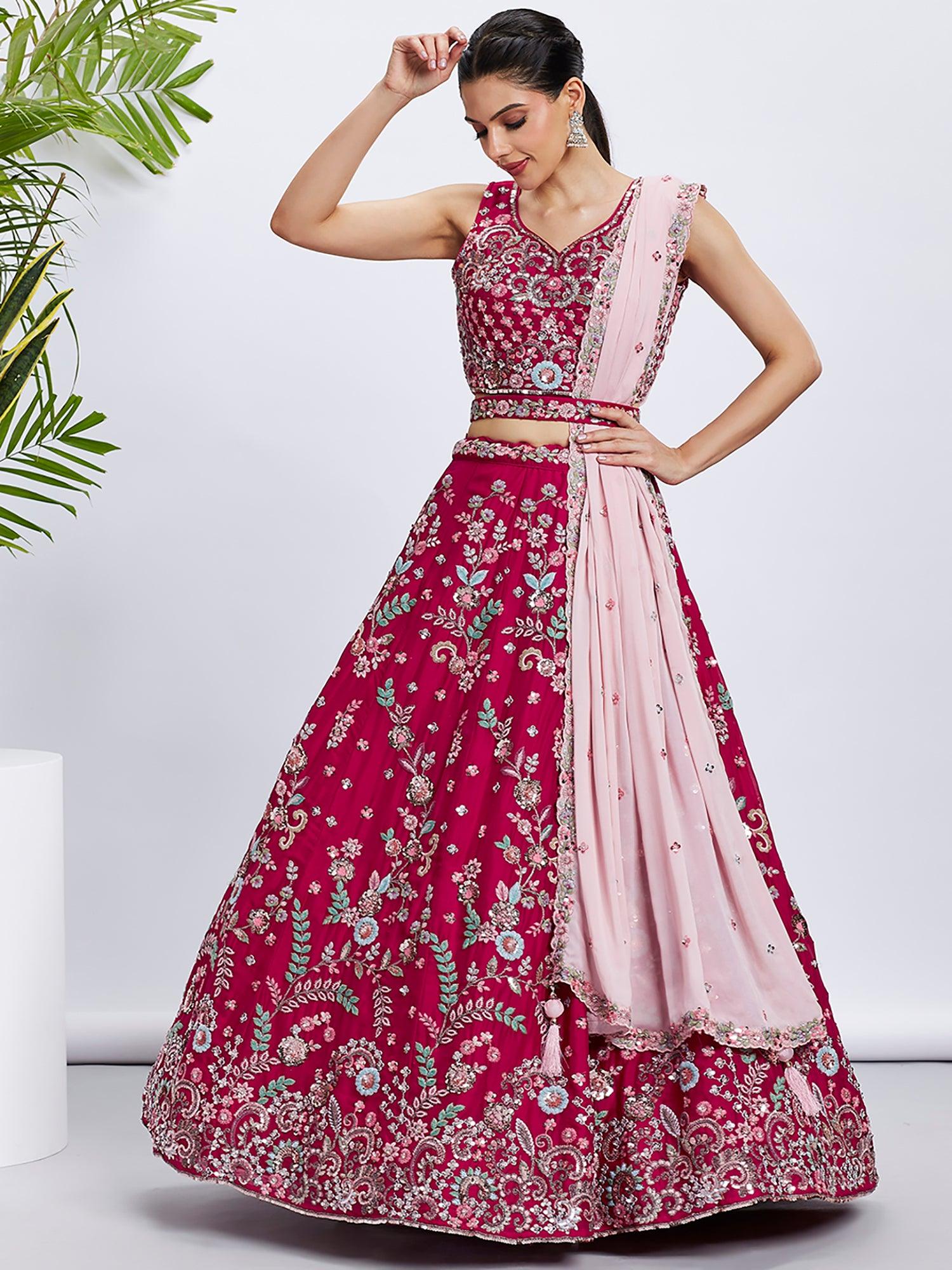 Glamorous Pink Embroidered Georgette Wedding Wear Lehenga Choli