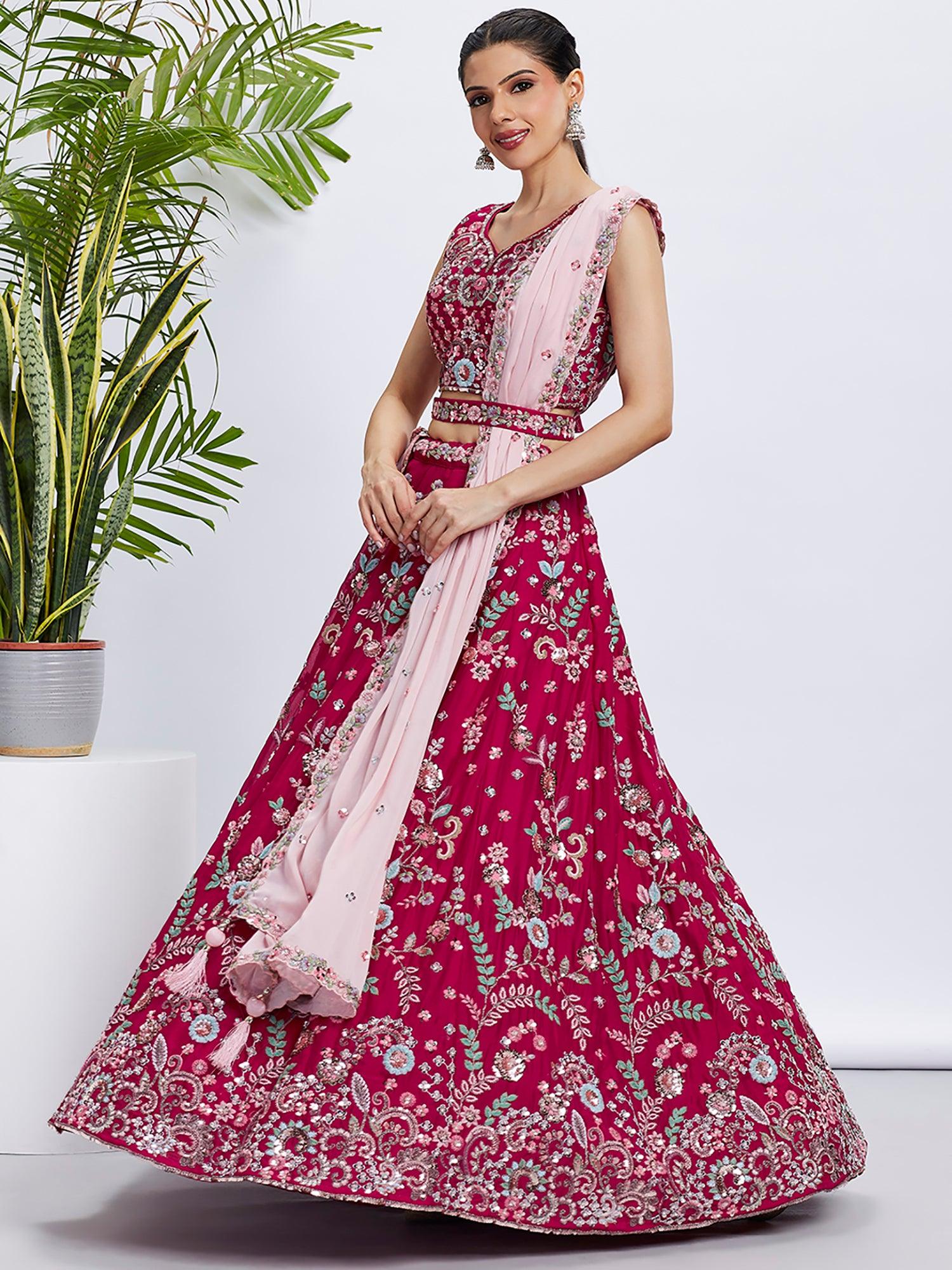 Glamorous Pink Embroidered Georgette Wedding Wear Lehenga Choli