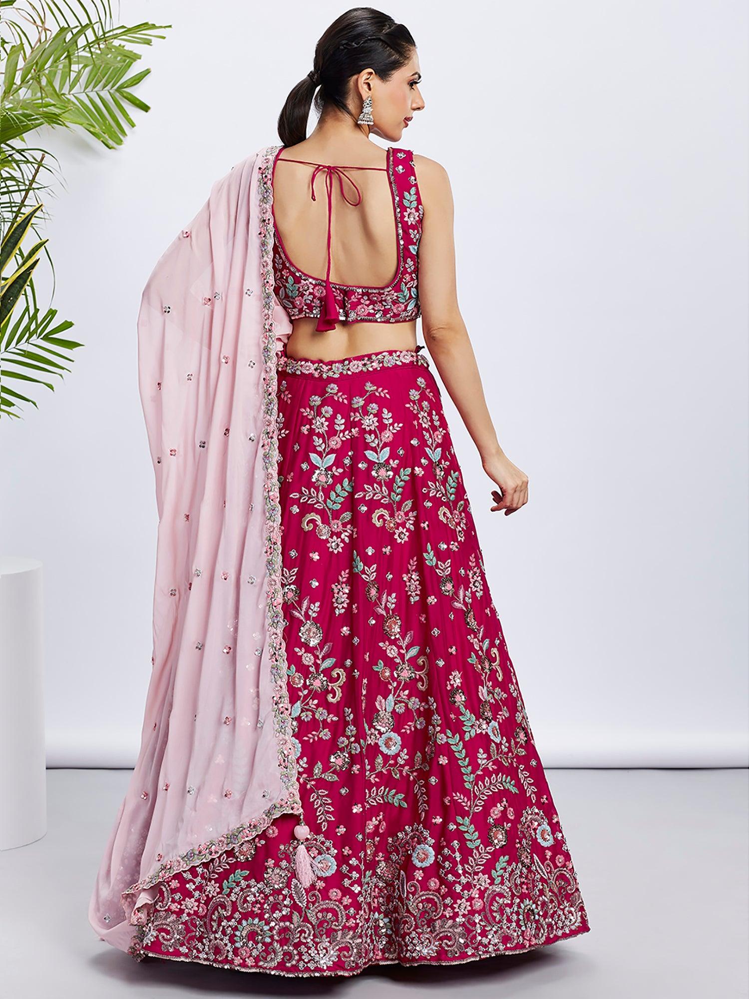 Glamorous Pink Embroidered Georgette Wedding Wear Lehenga Choli