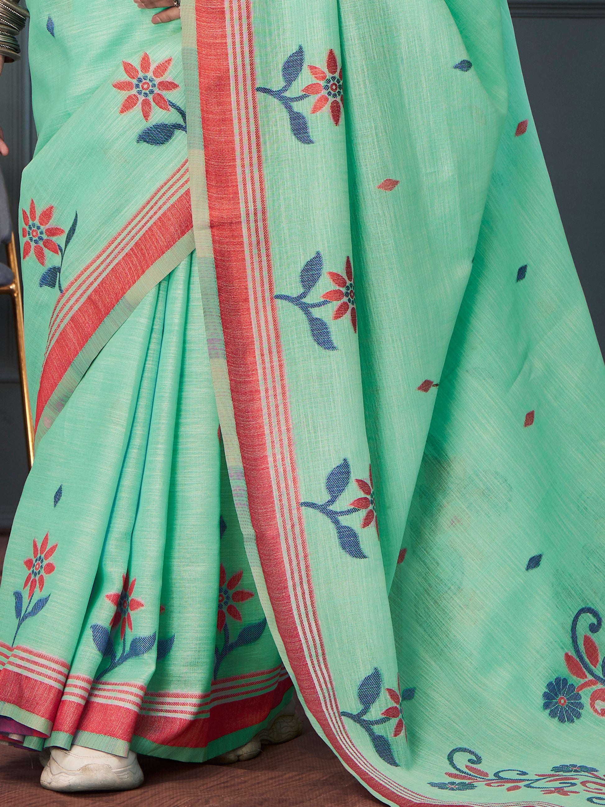 Delightful Sea Green Weaving Linen Festival Wear Saree With Blouse