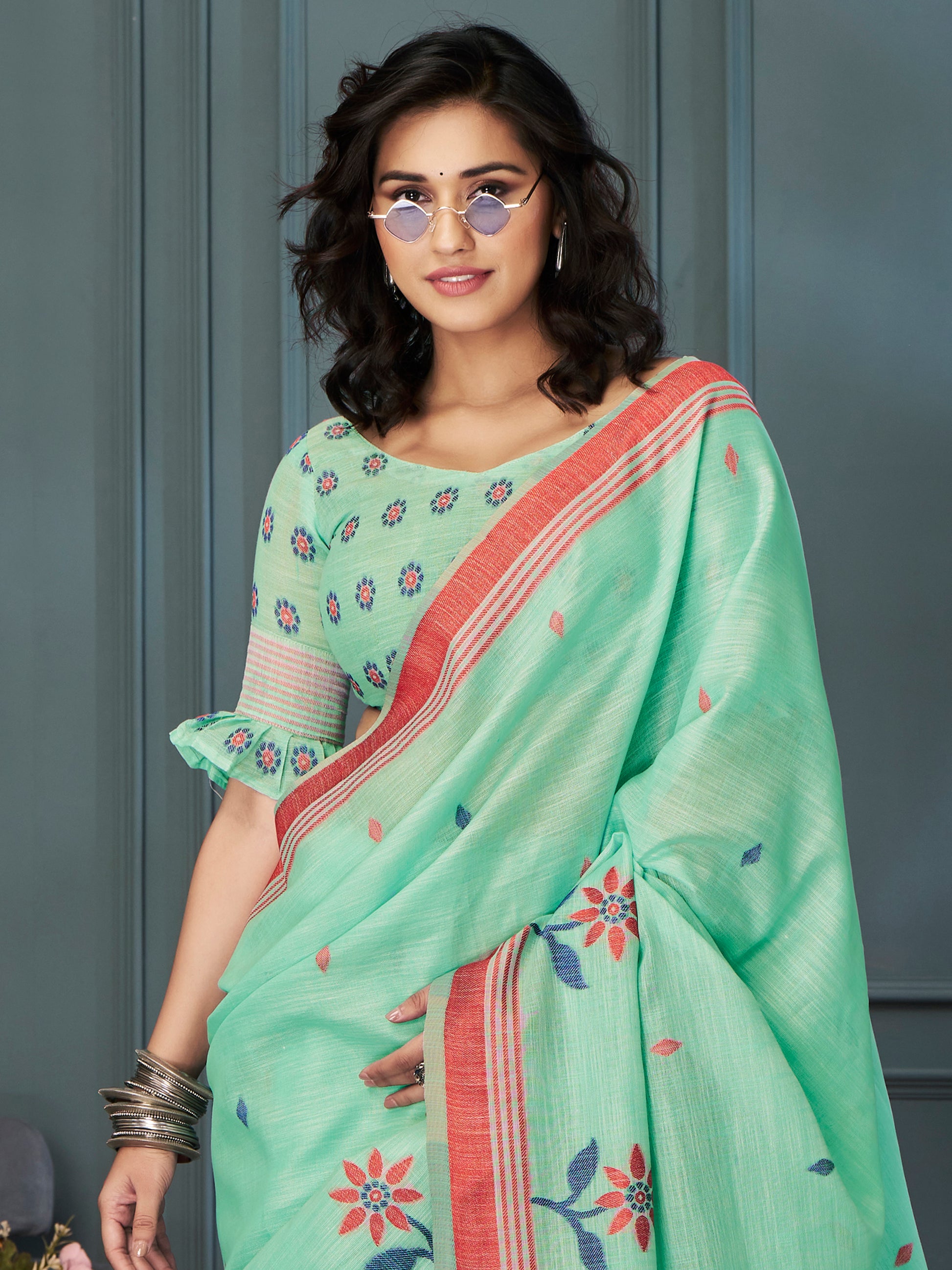 Delightful Sea Green Weaving Linen Festival Wear Saree With Blouse