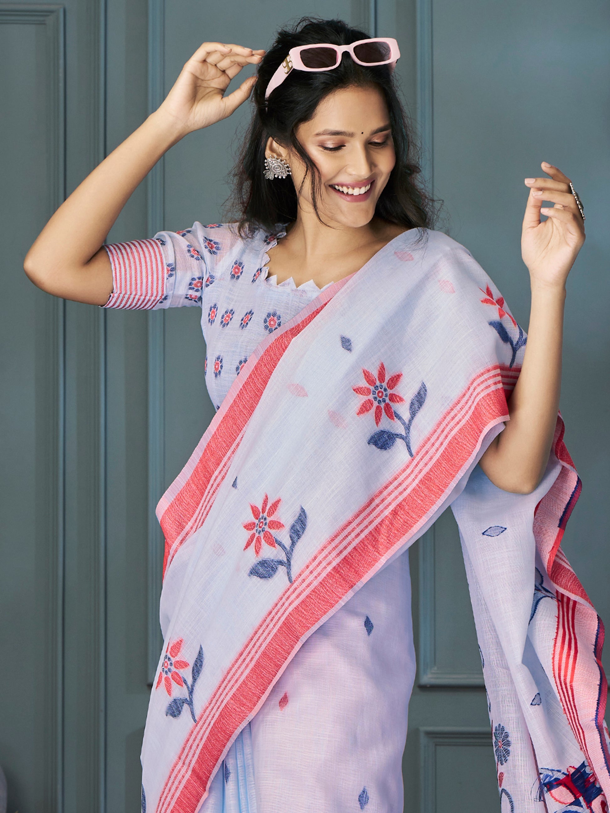 Attractive Sky Blue Weaving Linen Casual Wear Saree With Blouse