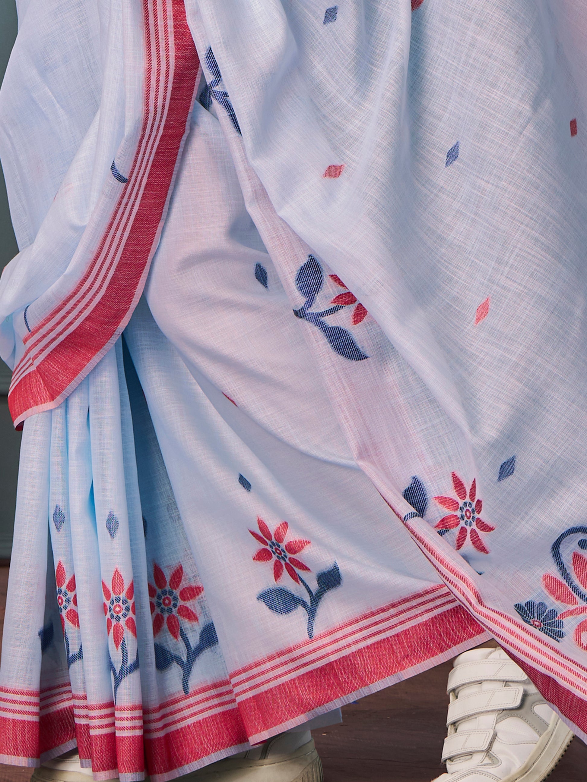 Attractive Sky Blue Weaving Linen Casual Wear Saree With Blouse