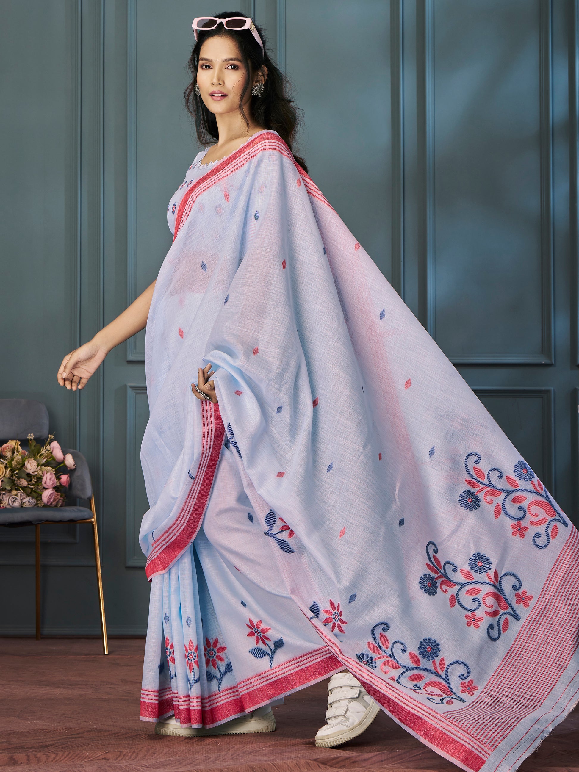 Attractive Sky Blue Weaving Linen Casual Wear Saree With Blouse