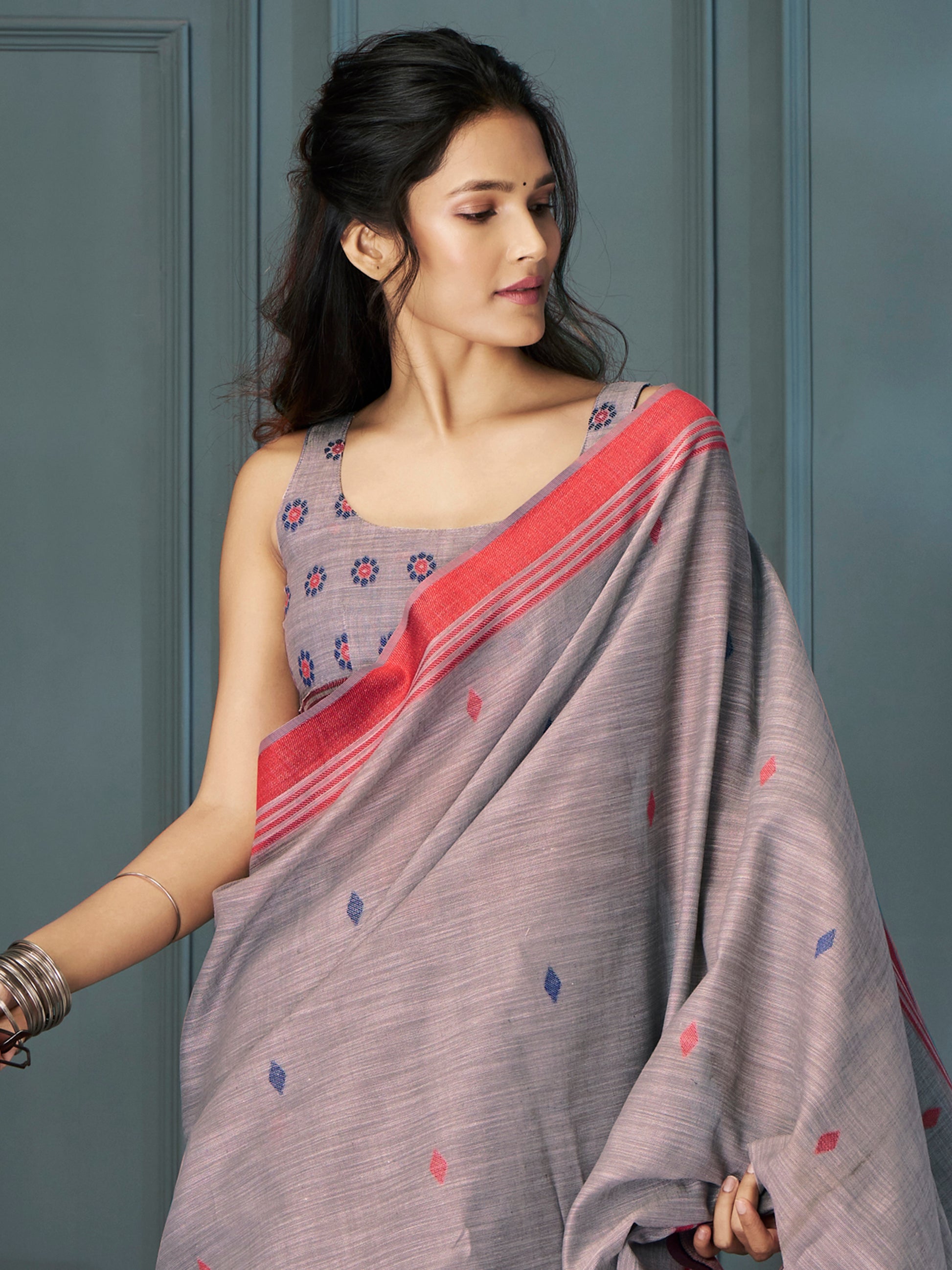 Attractive Grey Weaving Linen Festival Wear Saree With Blouse