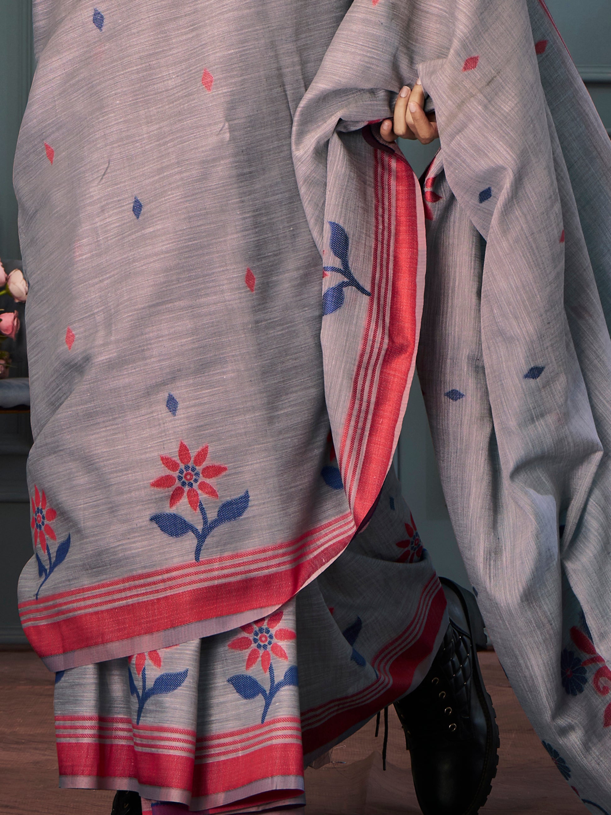 Attractive Grey Weaving Linen Festival Wear Saree With Blouse