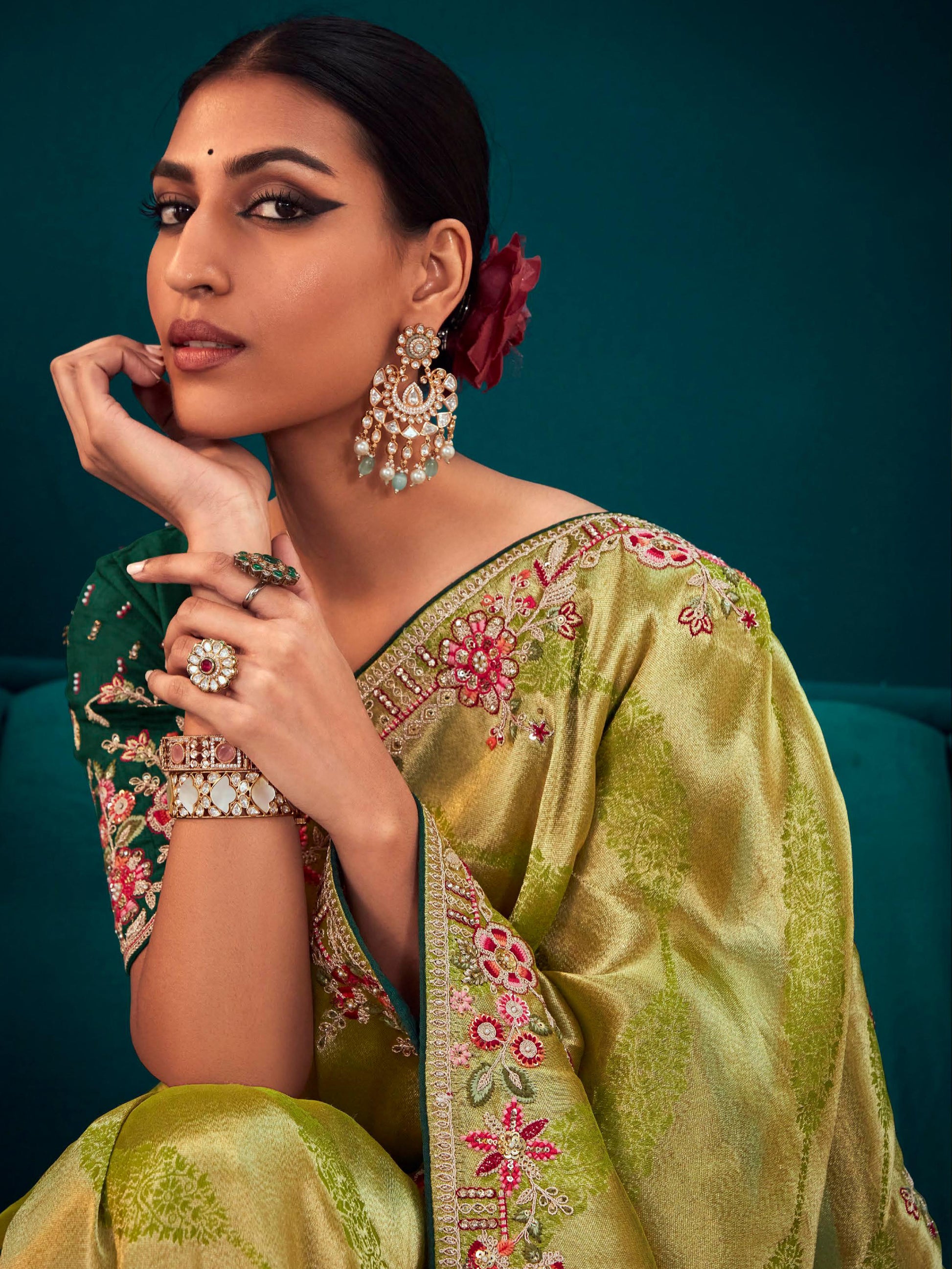 Superb Green Embroidered Kanjivaram Silk Events Wear Saree With Blouse