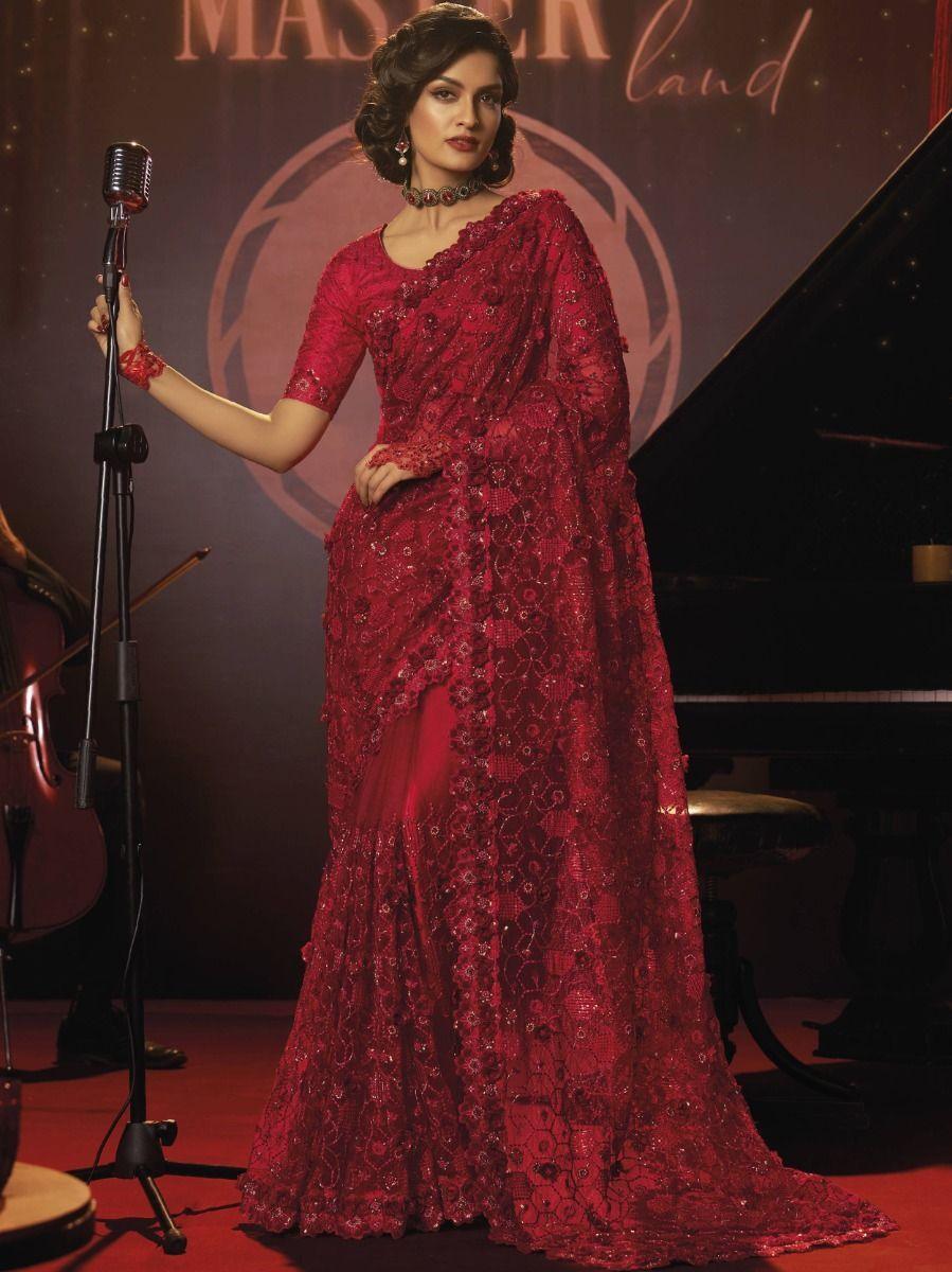 Buy Enchanting Red Sequins Work Net Party Wear Saree With Blouse From Zeel Clothing