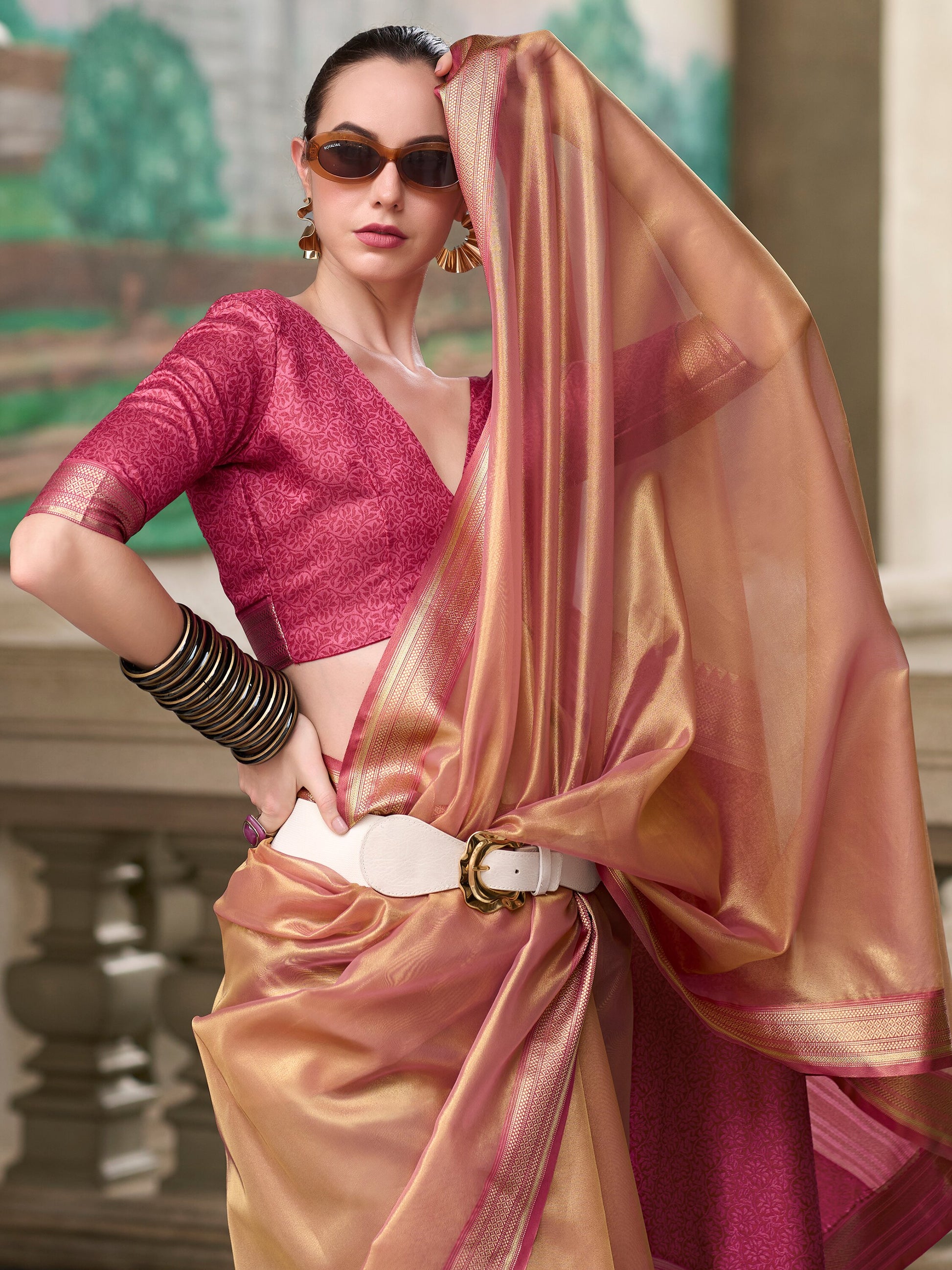 Alluring Peach Zari Weaving Silk Event Wear Saree With Blouse