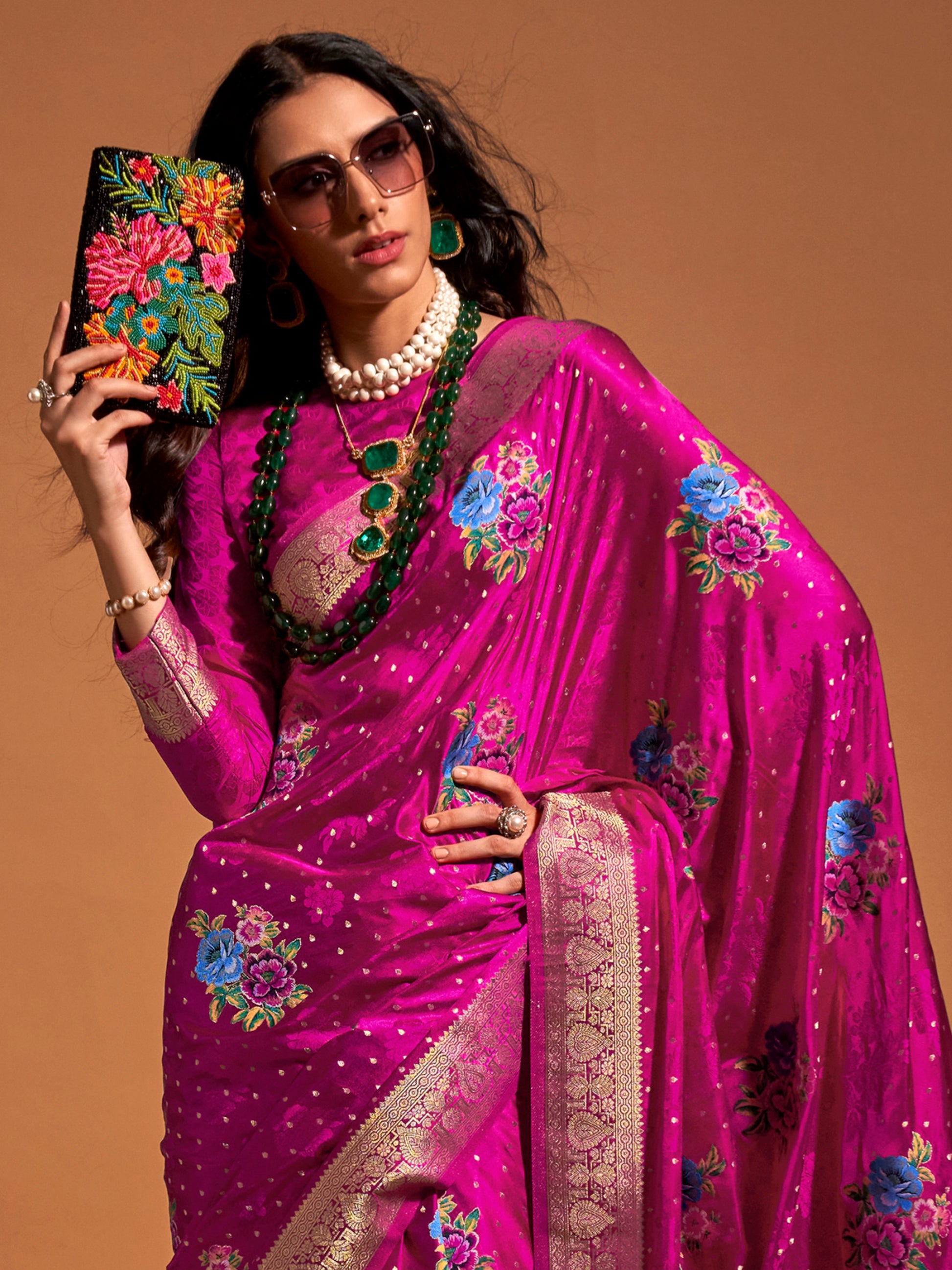 Awesome Rani Pink Weaving Satin Traditional Saree With Blouse