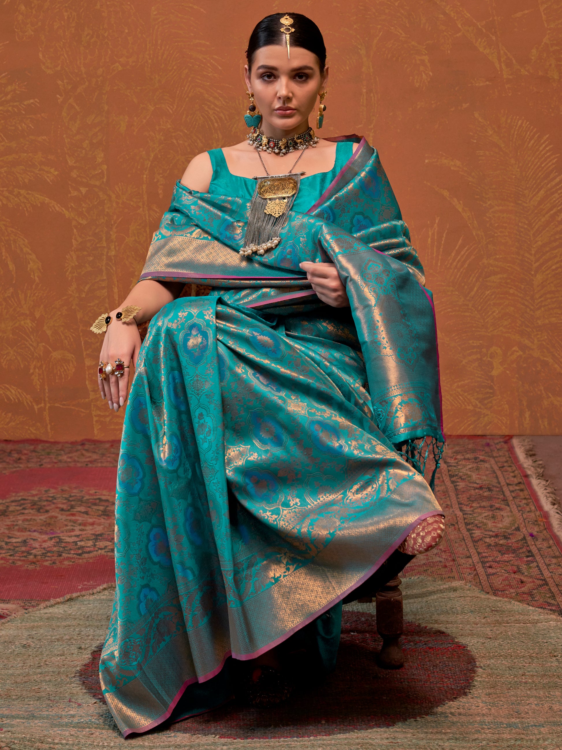 Beautiful Sky-Blue Zari Weaving Silk Event Wear Saree With Blouse
