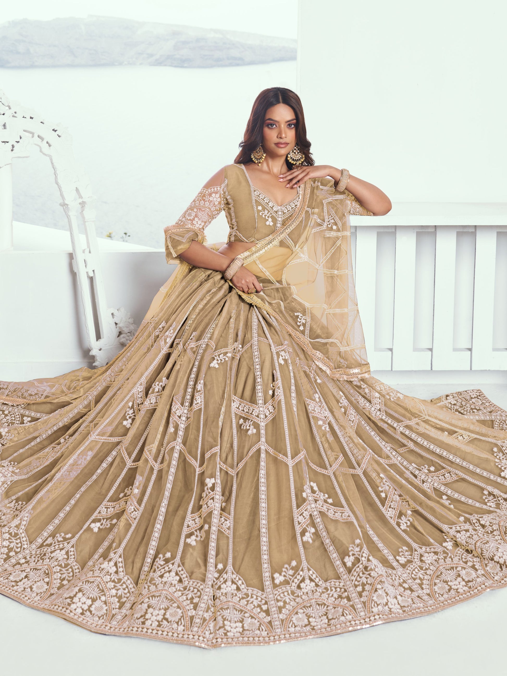 Beautiful Beige Thread Embroidered Party Wear Lehenga Choli