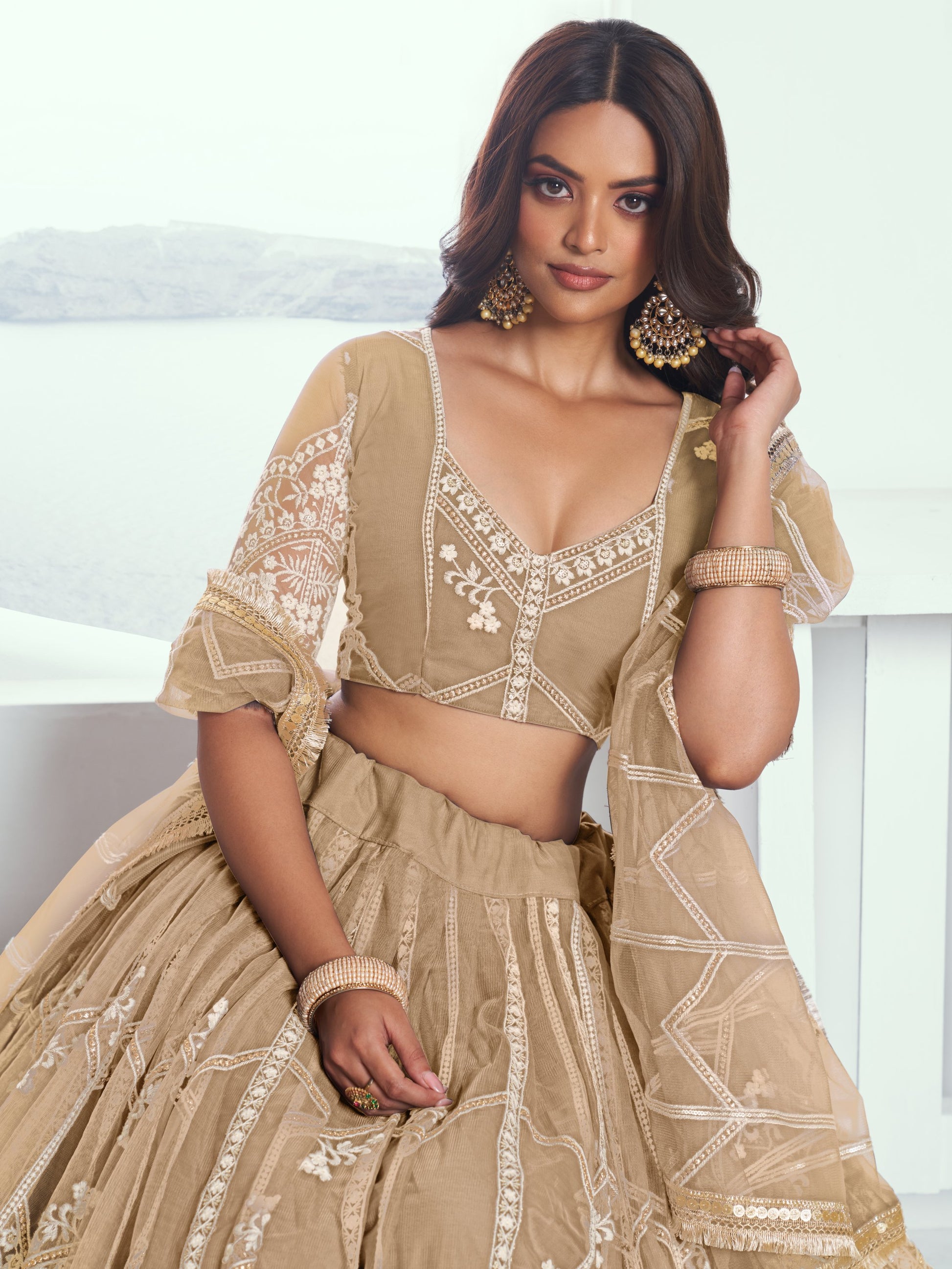 Beautiful Beige Thread Embroidered Party Wear Lehenga Choli