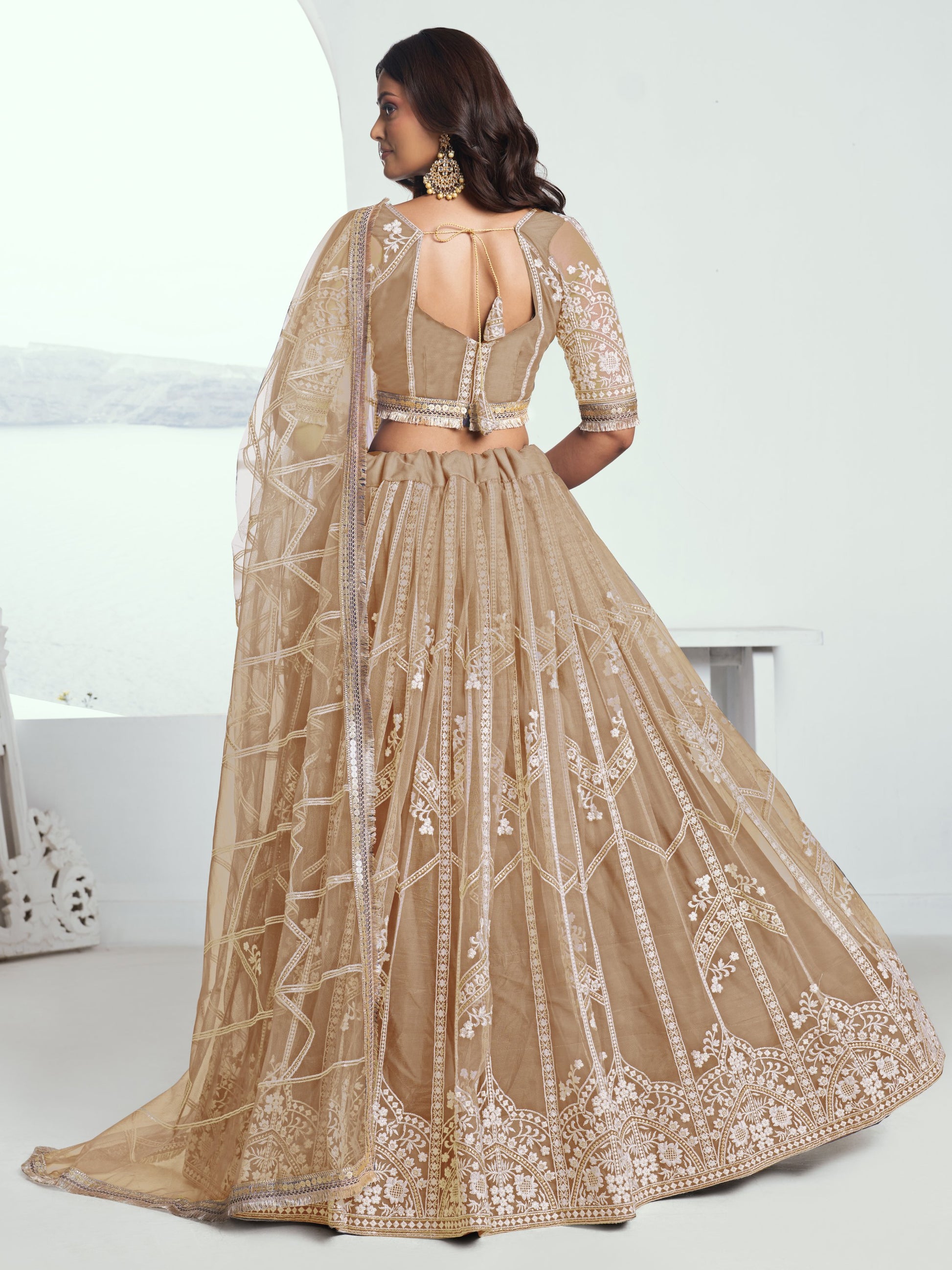 Beautiful Beige Thread Embroidered Party Wear Lehenga Choli