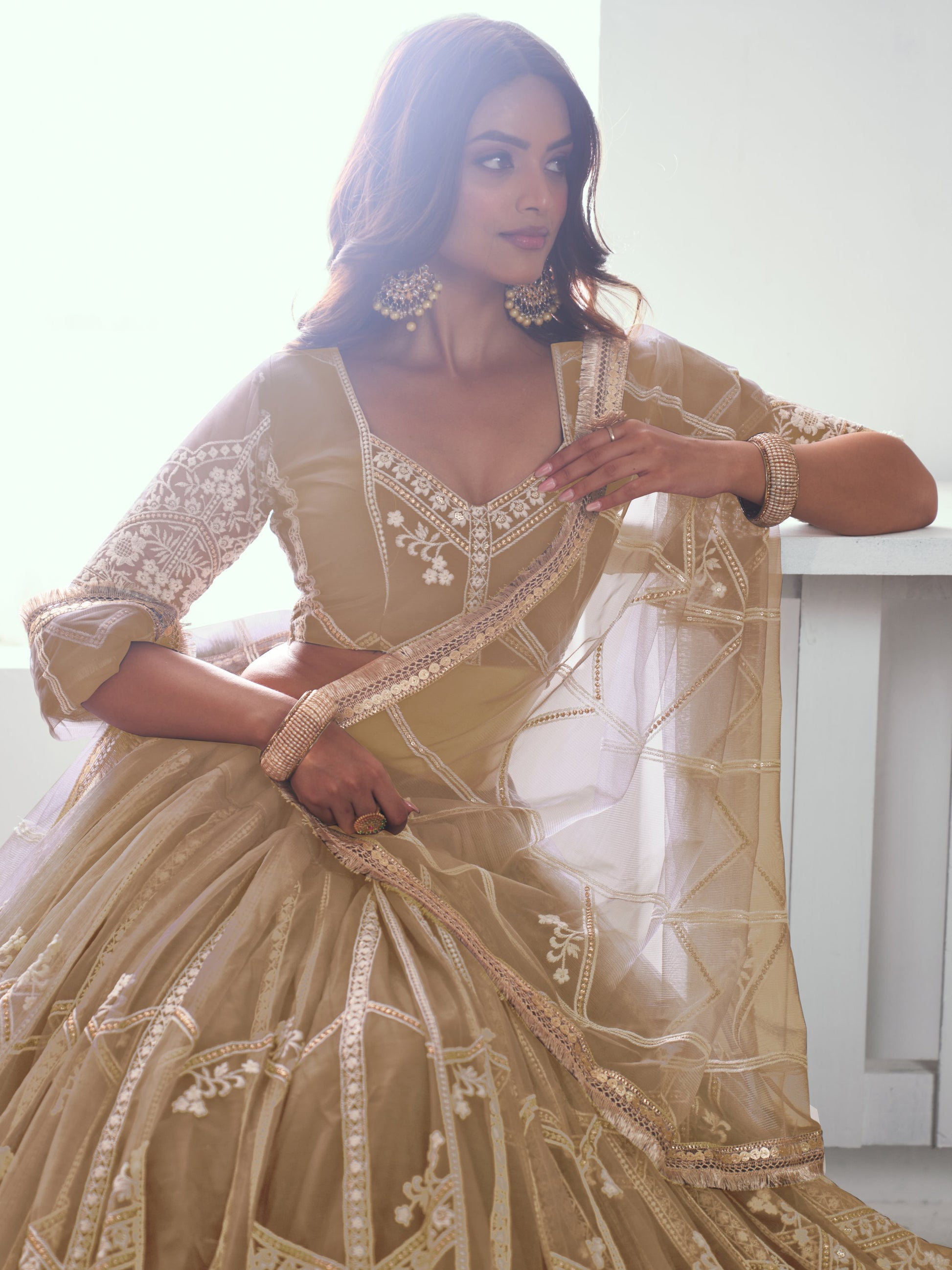 Beautiful Beige Thread Embroidered Party Wear Lehenga Choli