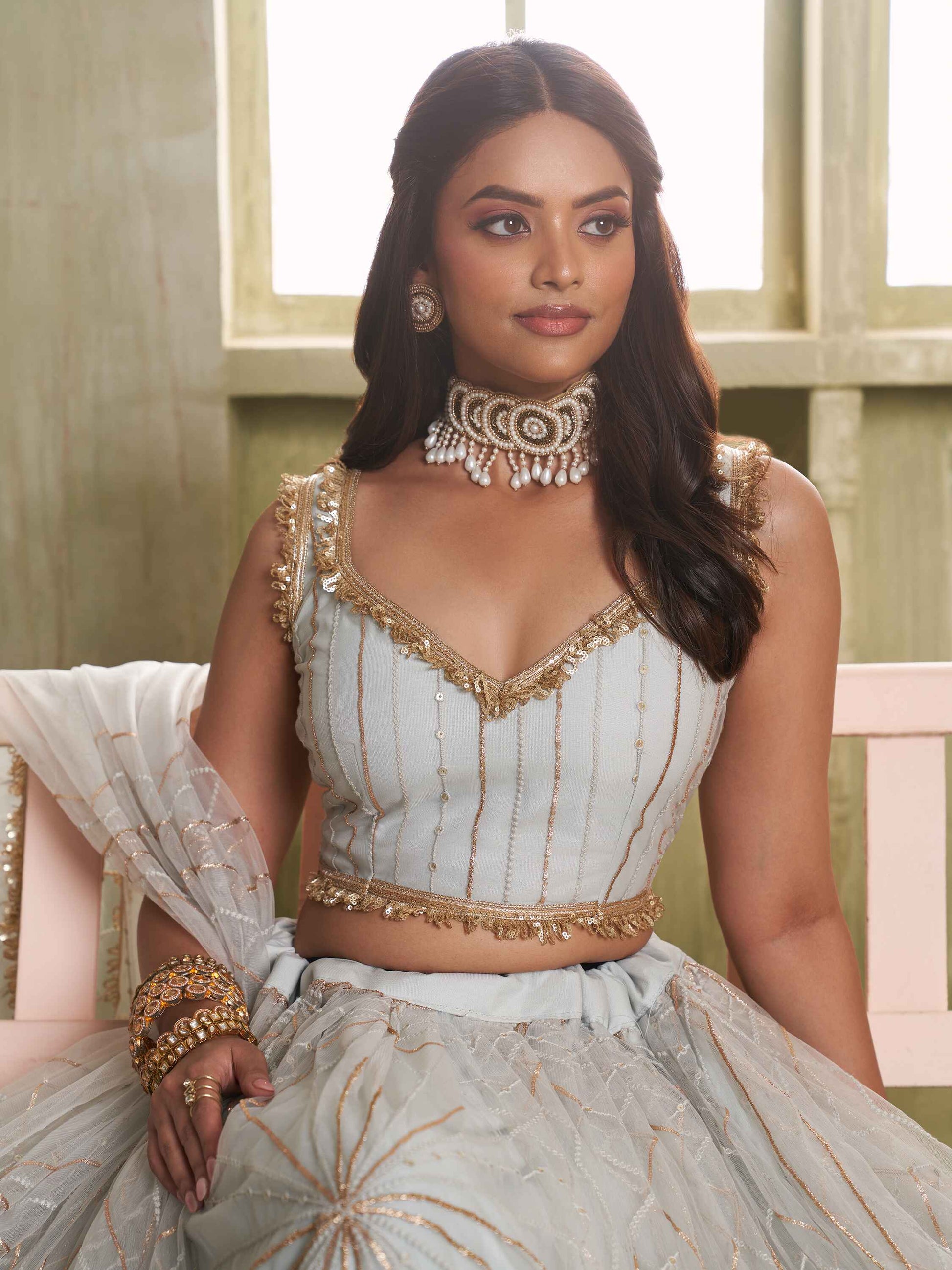 Incredible Light Grey Sequins Net Reception Wear Lehenga Choli