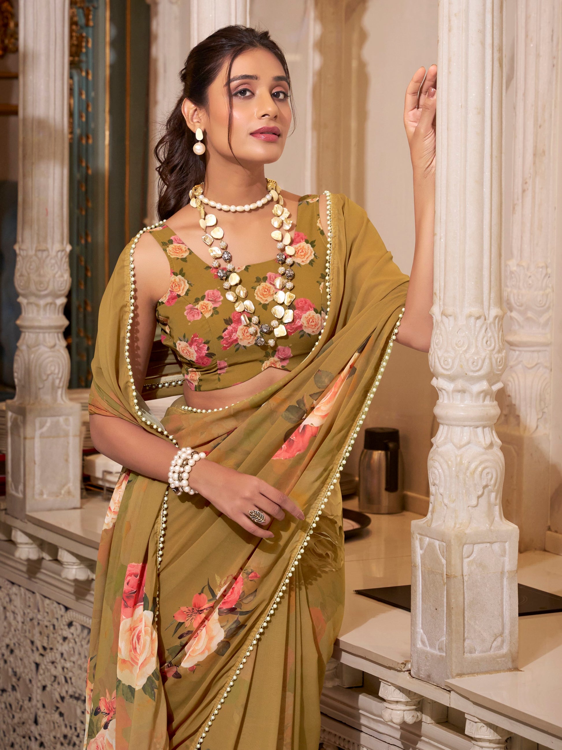 Charming Brown Digital Printed Georgette Casual Wear Saree With Blouse
