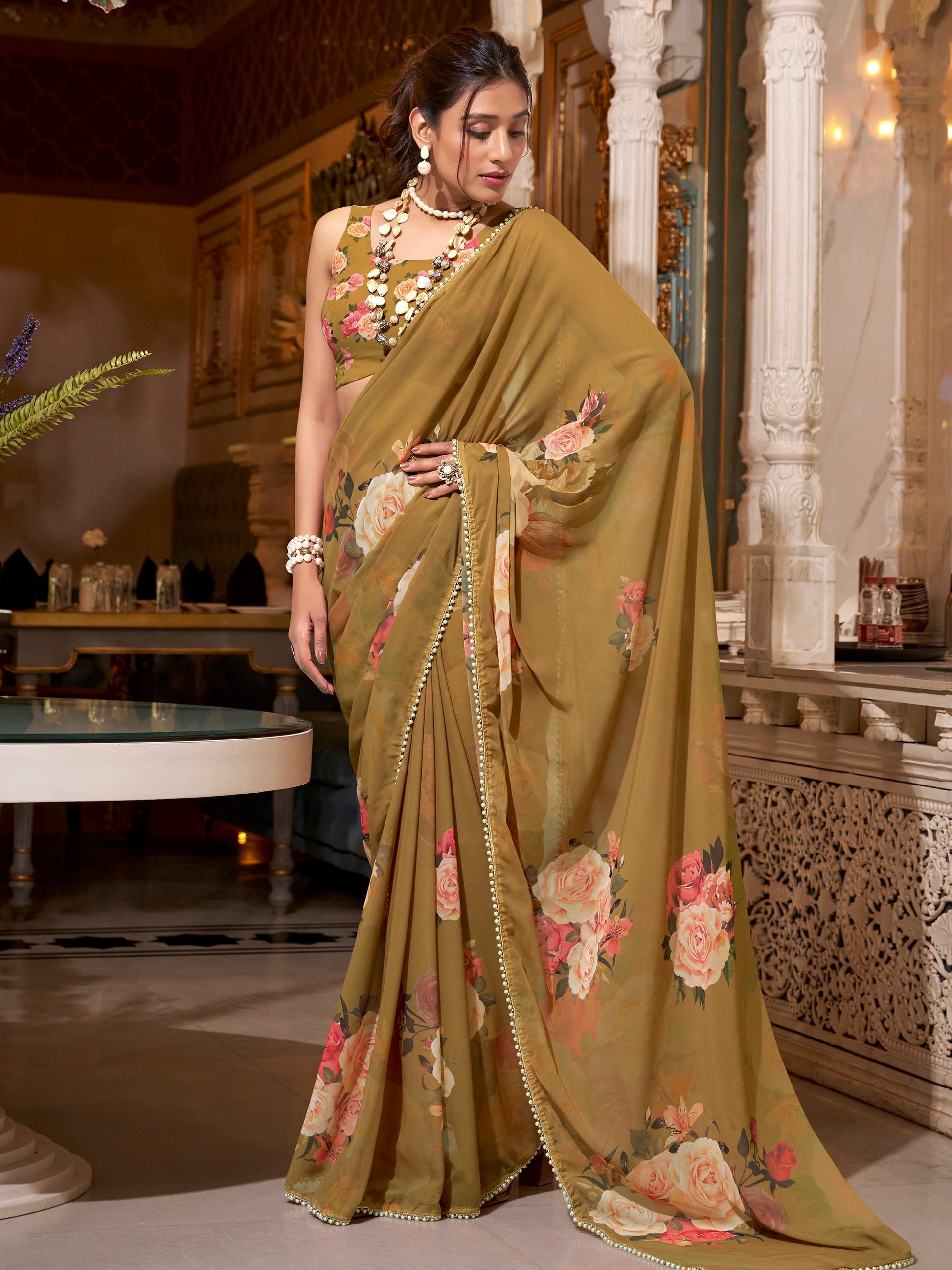 Charming Brown Digital Printed Georgette Casual Wear Saree With Blouse